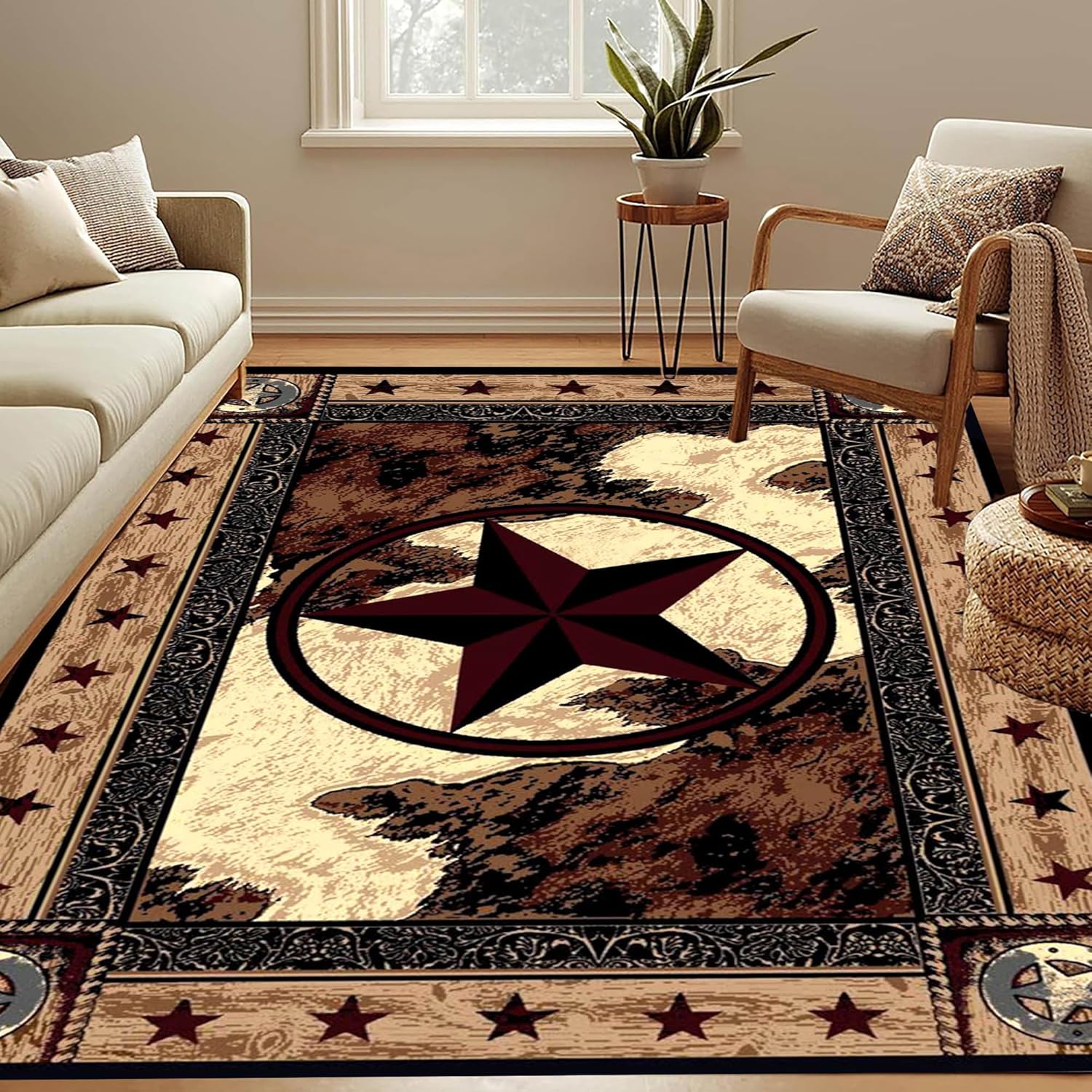 Western Texas Star Area Rug Rustic Brown Modern Carpet Farmhouse Primitive Rugs Cowhide Doormat for Entryway Bedroom Living Room Laundry Room 6'X8'
