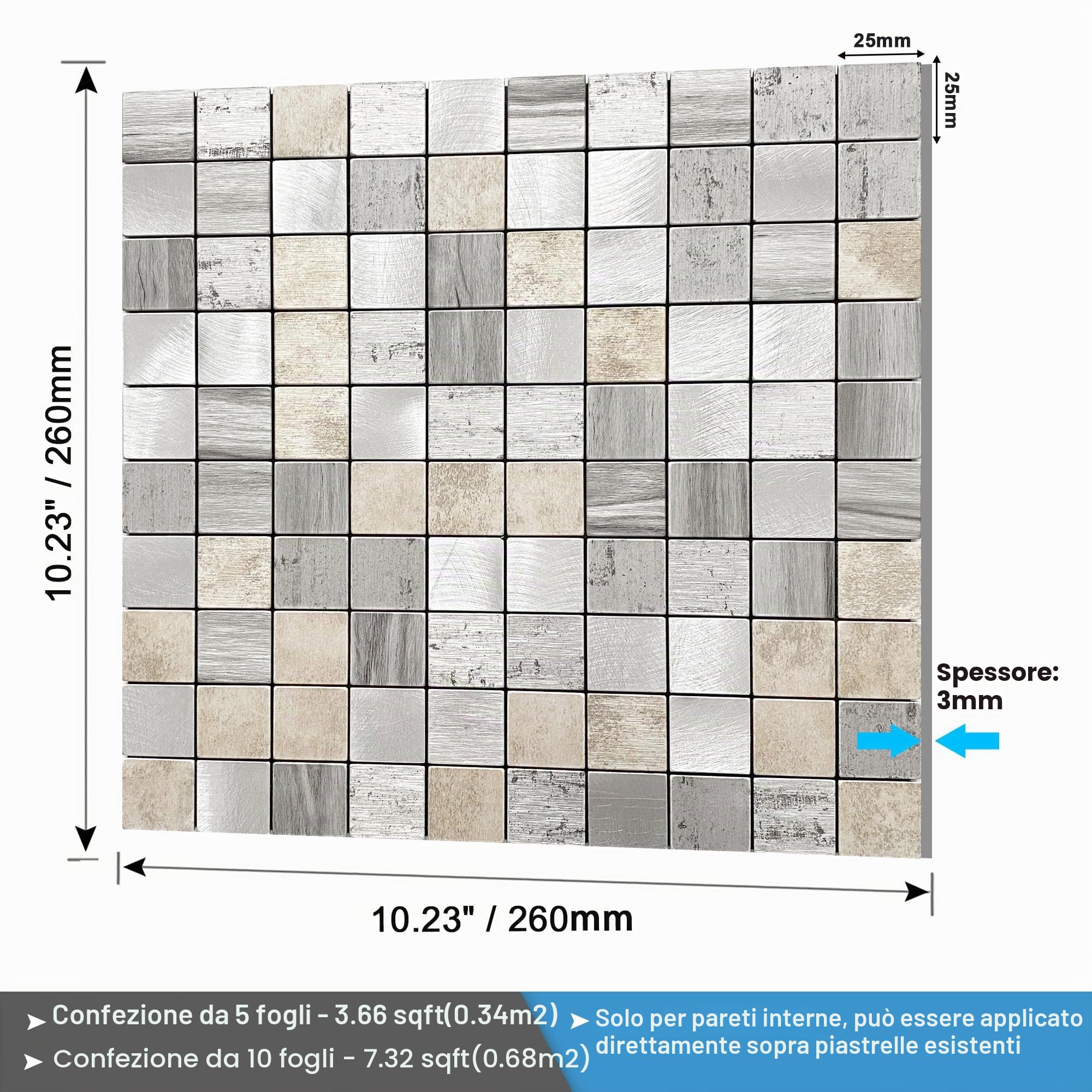 BeNice Piastrelle a Mosaico Autoadesive Cucina Grigio 10pezzi
