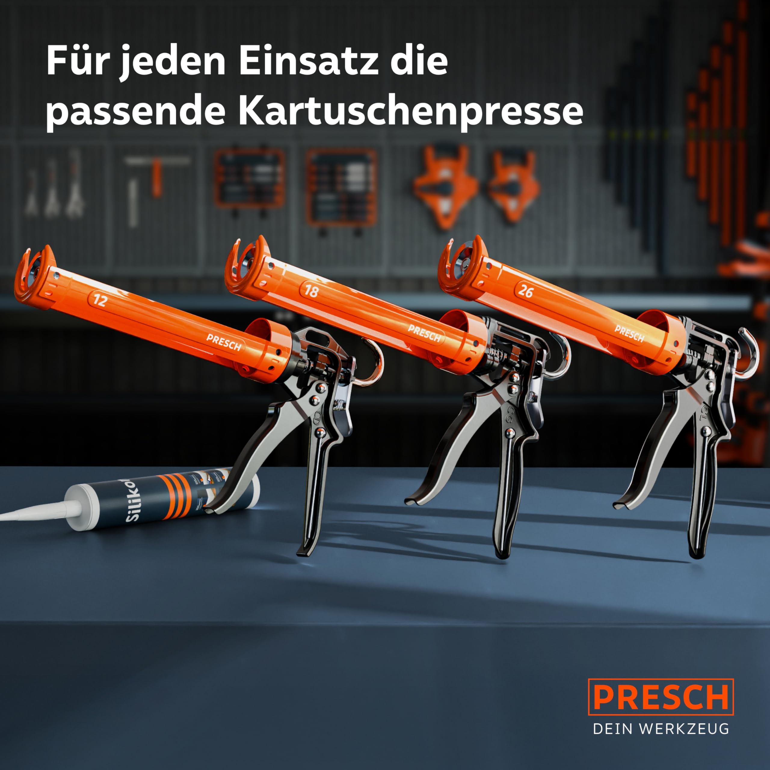 Presch Kartuschenpresse 18:1 Übersetzung & Nachlaufstopp - Silikonspritze für Kartuschen bis 310ml (Mittlere Viskosität, Montagekleber) - Kartuschenpistole 360° drehbar inkl. Einstechwerkzeug
