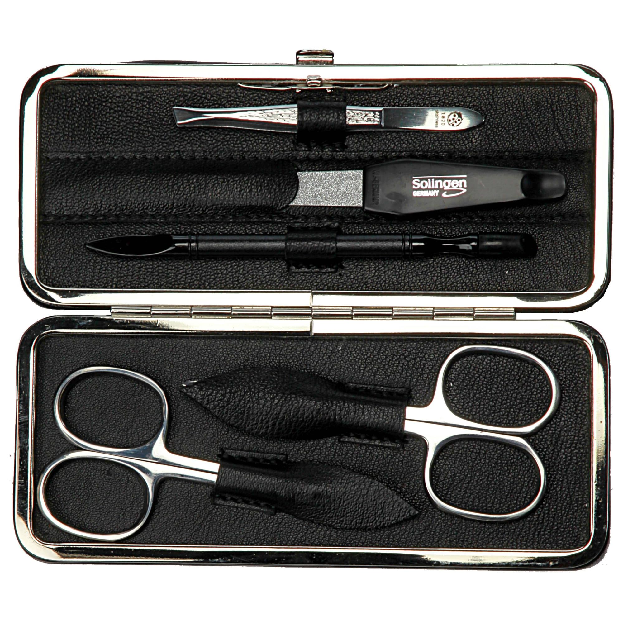 Sonnenschein by Hans Kniebes Juego de manicura de 5 piezas, tijeras para uñas, tijeras para piel, lima de uñas, pinzas, bastón, funda de piel de cordero, color negro