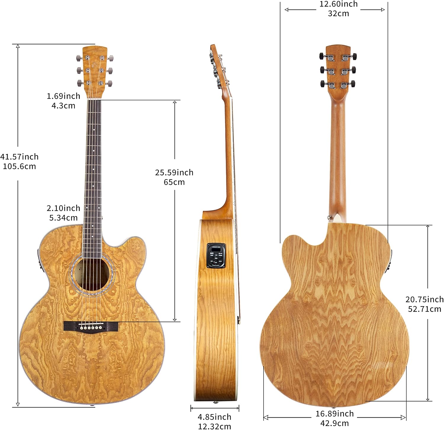 TARIO 41'' Acoustic Electric Cutaway Guitar Antique Jumbo Body Curly Ash body Okoume Neck Natural