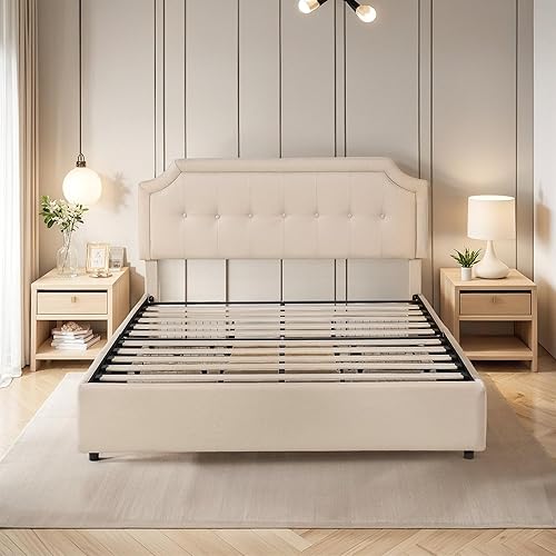 Miniatura 71 de VECELO Base de cama de tamaño matrimonial con cabecera ajustable copetuda, base de colchón, soporte de listones de madera, fácil montaje, color gris