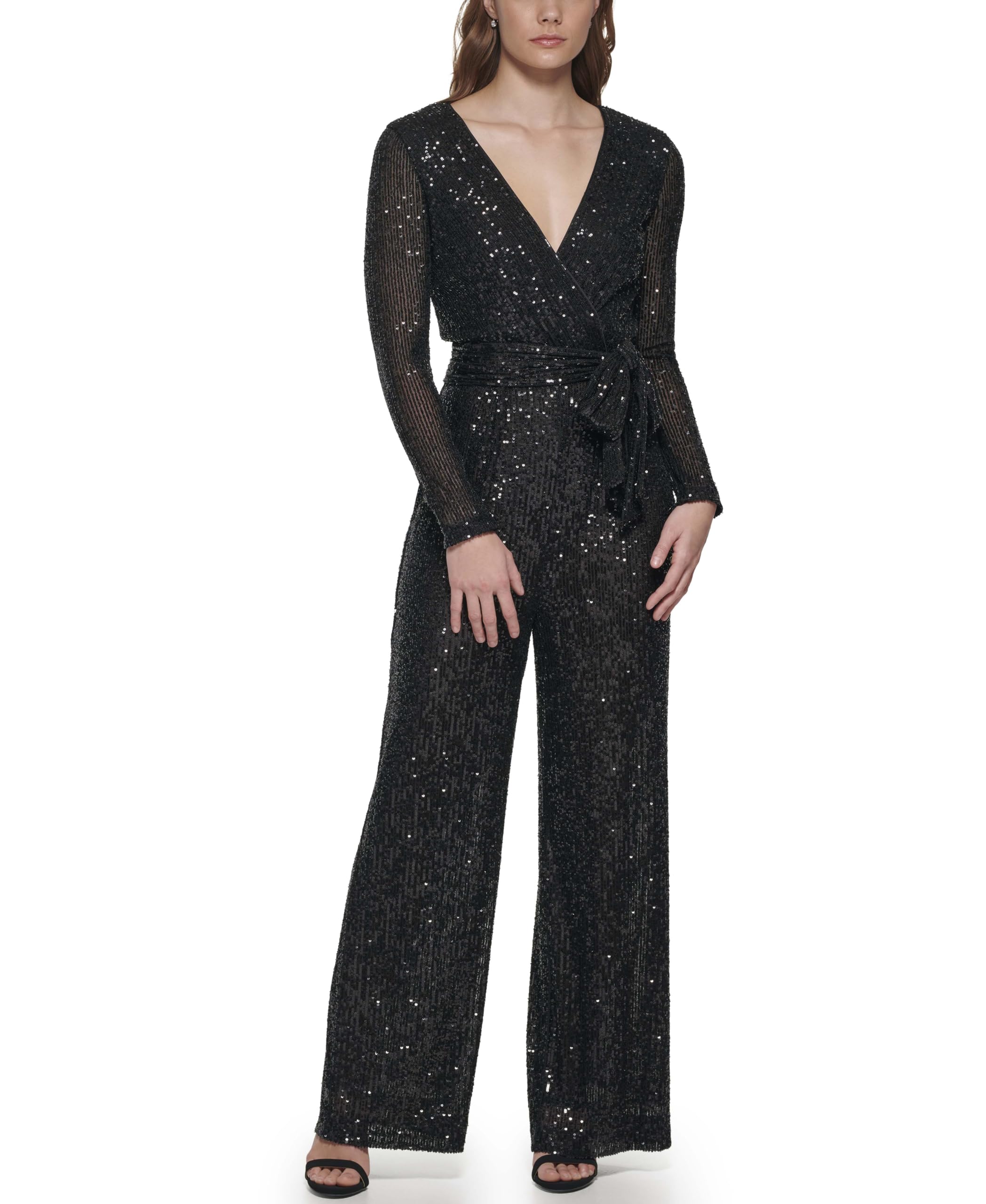 Women's Long Sleeve V-neck Wrap Sequin Jumpsuit-image-28