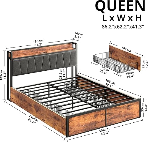 Miniatura 2 de LIKIMIO Base de cama Queen con 4 cajones de almacenamiento, cama de plataforma con cabecera cargada, resistente y estable, sin ruido, no necesita