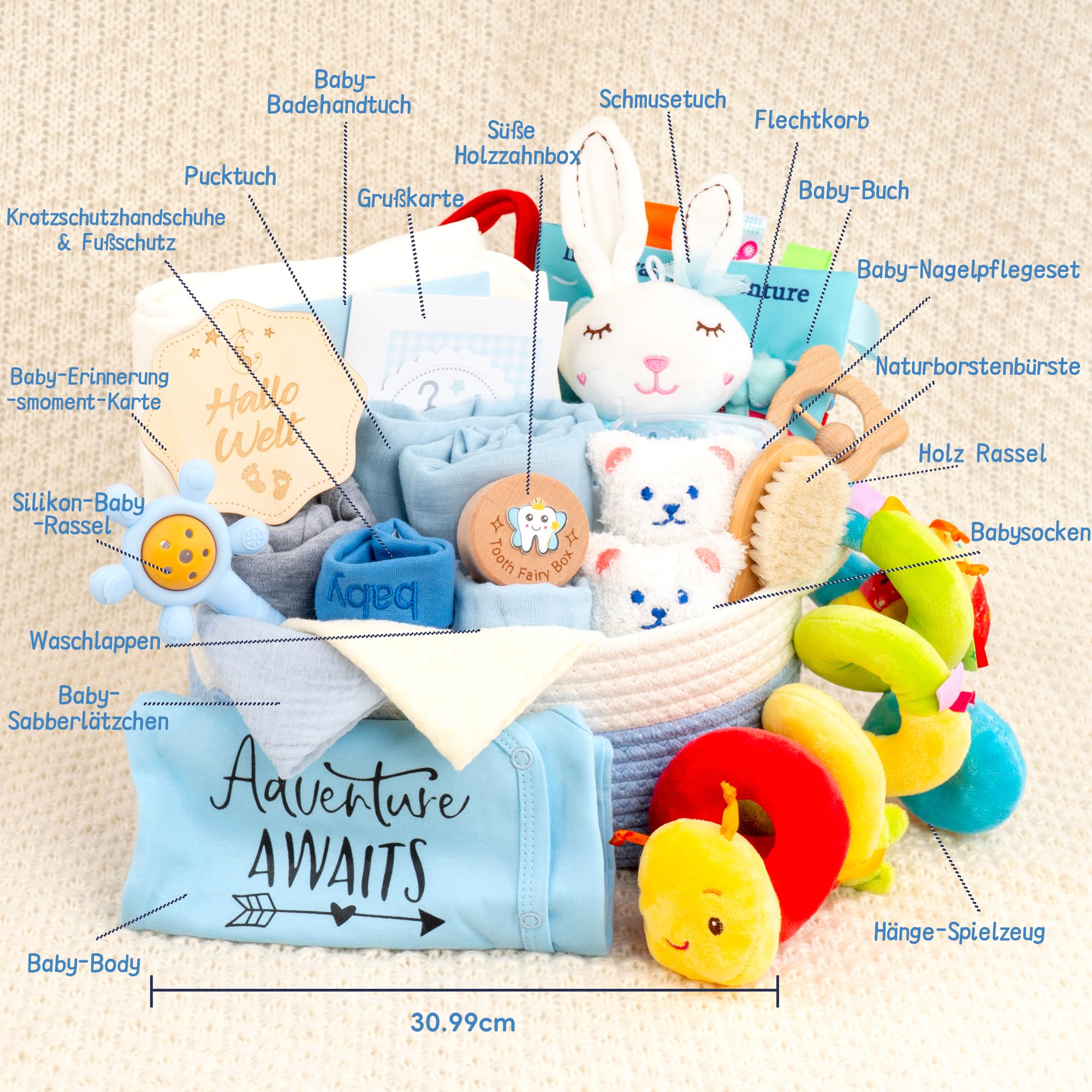 Neugeborenen Geschenk 24-teiliges，Baby zubehör, Strampler, Schnuffeltuch, Rassel & Karte，Geschenk zur Geburt für Babys (Blau)