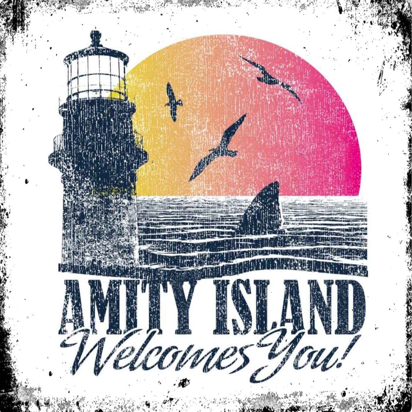 Vintage Advertising Wall Tin Plaque Large Square 20x20cm Pub Shed Bar Man Cave Home Bedroom Office Kitchen Gift Metal Sign - Amity Island Beach Town Welcomes You Shark Movie Jaws inspired
