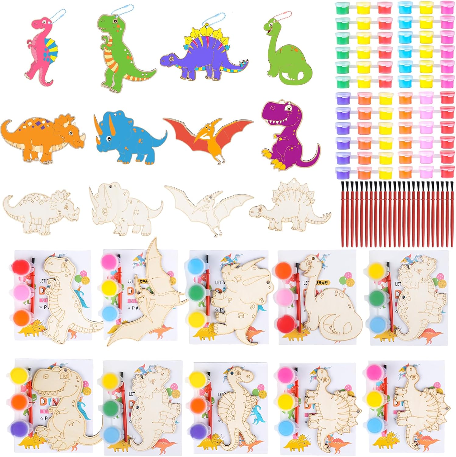 JOTIKO 24 Pack Dinosaur Party Favors Painting Toys Dino Birthday Treat Goodie Bag Stuffers Pinata Fillers Return Gifts Classroom Prizes, Wood Keychain Paint Kits Arts Crafts for Kids Girls Boys
