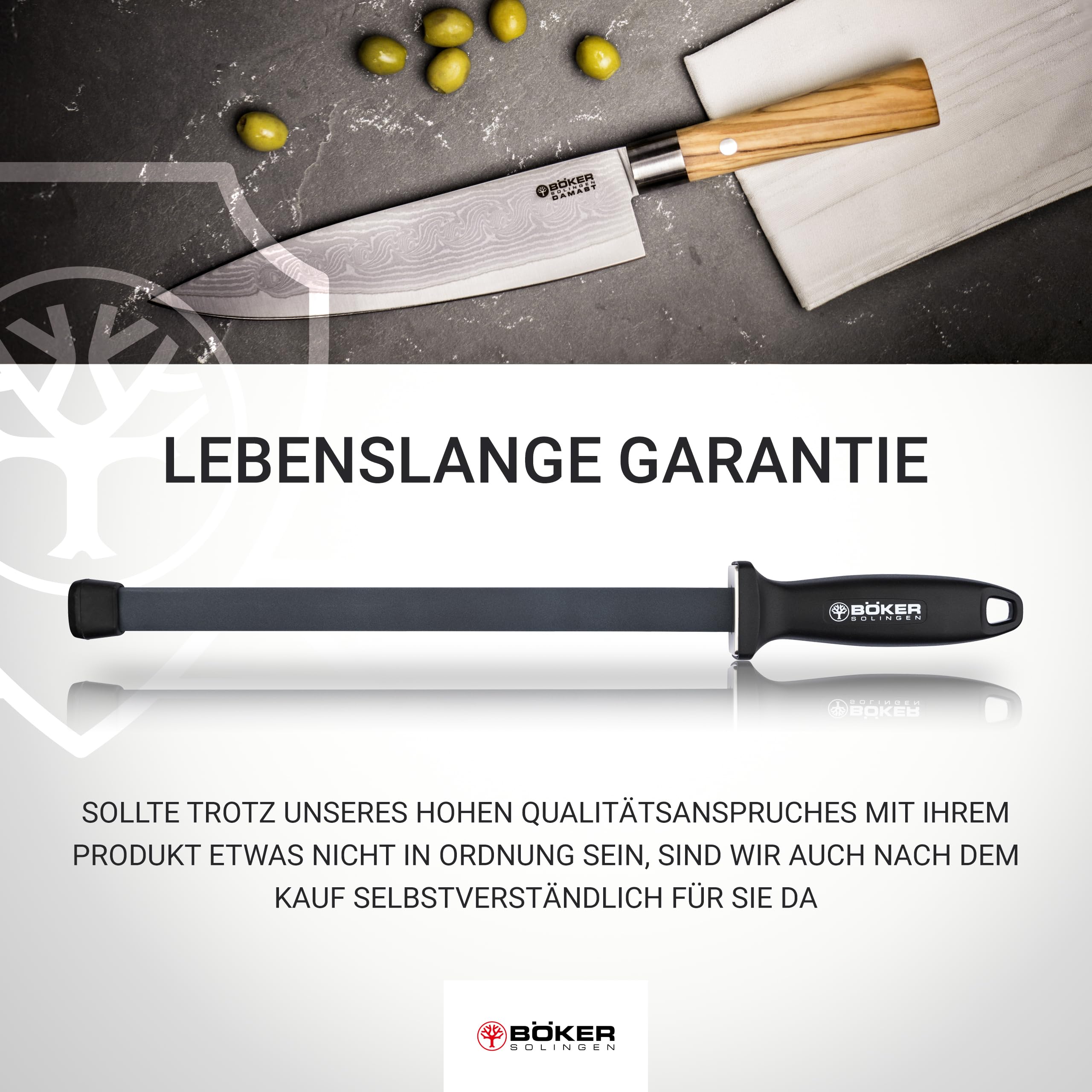 BÖKER SOLINGEN® Keramik Schleifstab für Messer - Abziehstahl mit Klinge 28 cm lang - Profi Wetzstahl oval mit Winkel-Hilfe 20° - Küchen Wetzstab Messer-Schärfer mit mittlerer Körnung 1000