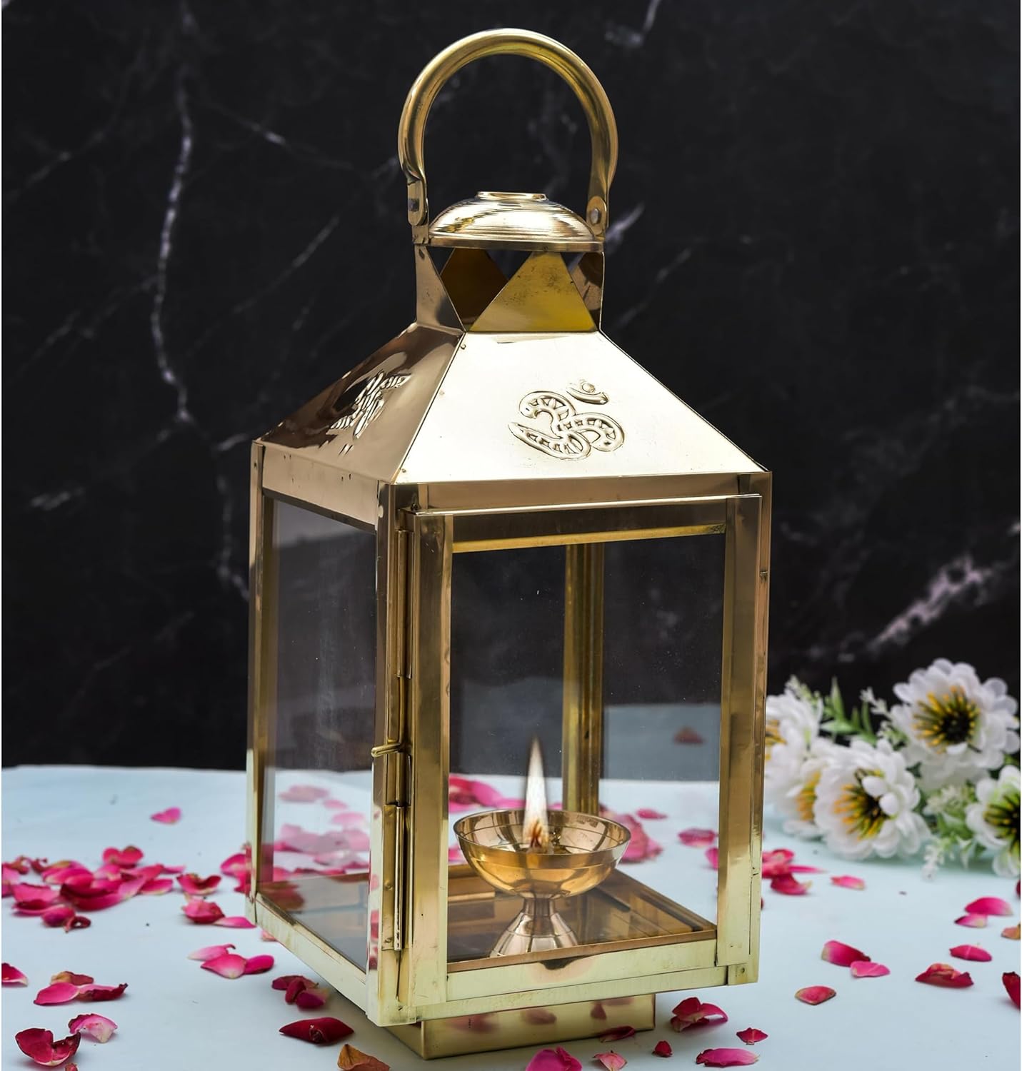 Handicraft Akhand Diya with Glass Cover Brass, Akhand Diya for Home Temple puja, Hanging Table Lantern for HomeDecor
