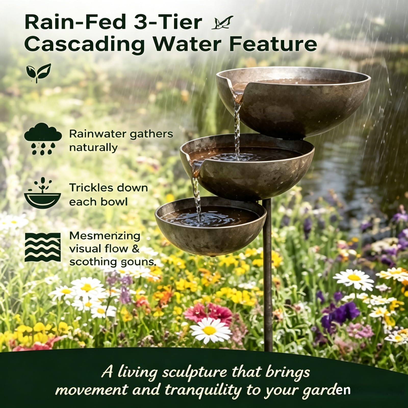Bring Life Back To Your Garden – Rain Catcher Bird Bath,2026 Metal 3 Tier Birds Bath,Rain Catcher Garden Stake Birds Baths,Antique Bronze Outdoor Rainwater Collector for Birds Bees Hummingbirds，A：2PCS