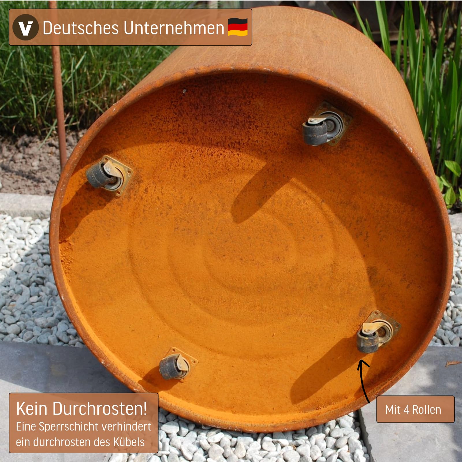 VIVANNO Pflanzkübel Cortenstahl Rostbraun Rund - Frostsicherer Blumenkübel | Mobiler Pflanzentopf mit Rollen für draußen, wetterfester Corten-Stahl Kübel, beweglich durch Räder, winterhart & outdoor