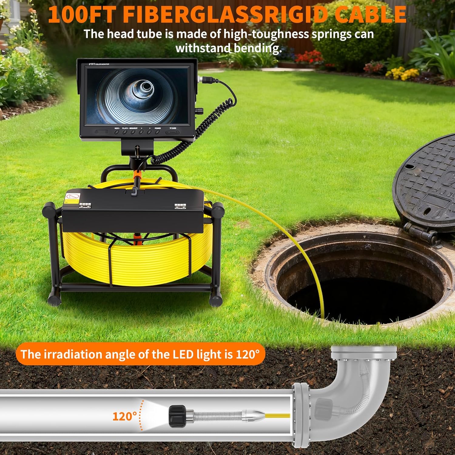 98.4 FT Sewer Camera Snake Kit w/512Hz Locator | IP68 Waterproof Plumbing Cam, 9" LCD, DVR (16GB Card), 4500MAh Rechargeable Battery, 12 LEDs for Fast Drain Clog Detection