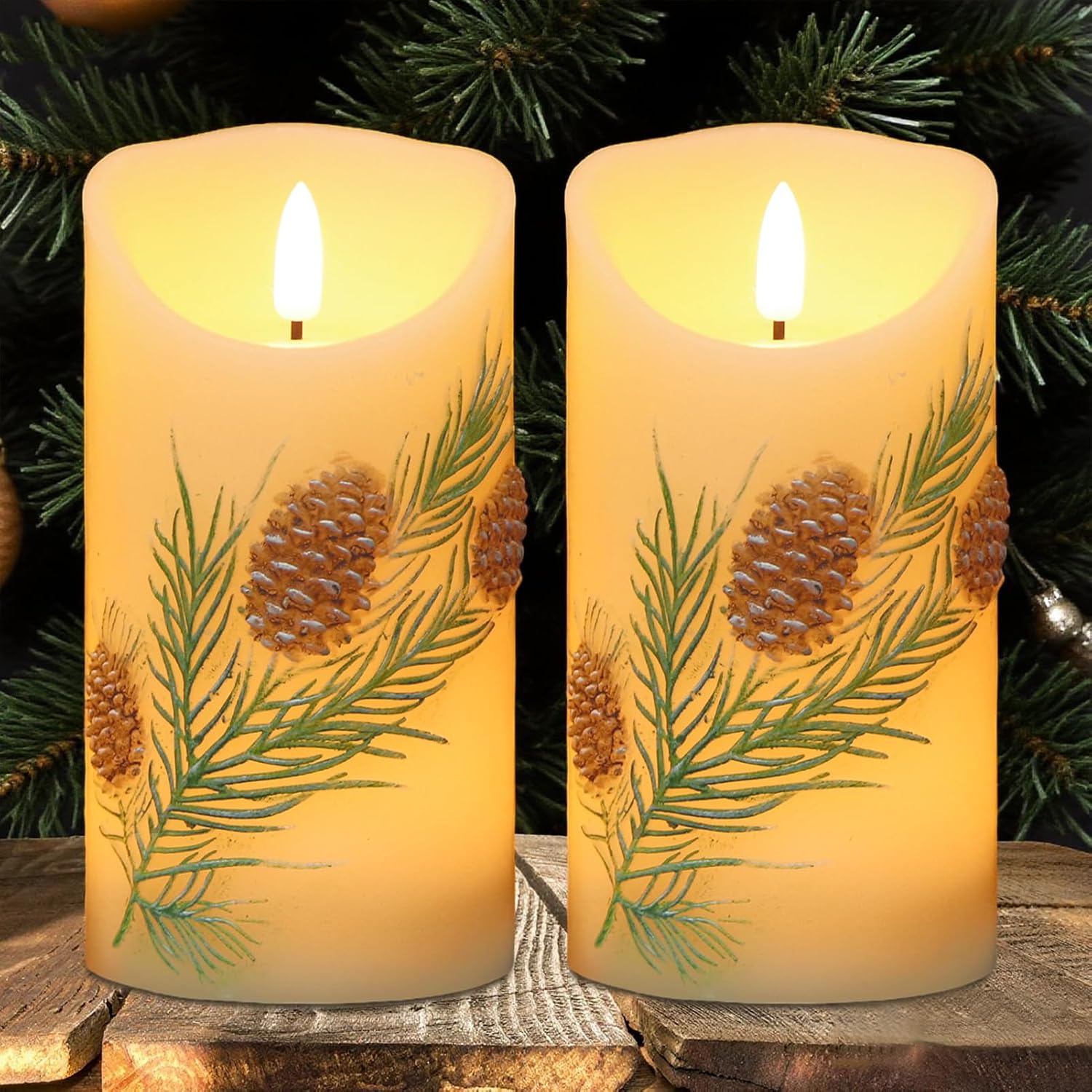Flameless Christmas Tree Candles, 2 Pack Christmas Tree Shaped Candles Battery Operated with 6H Timer, Green Real Wax LED Candlesticks for Winter Home Decor