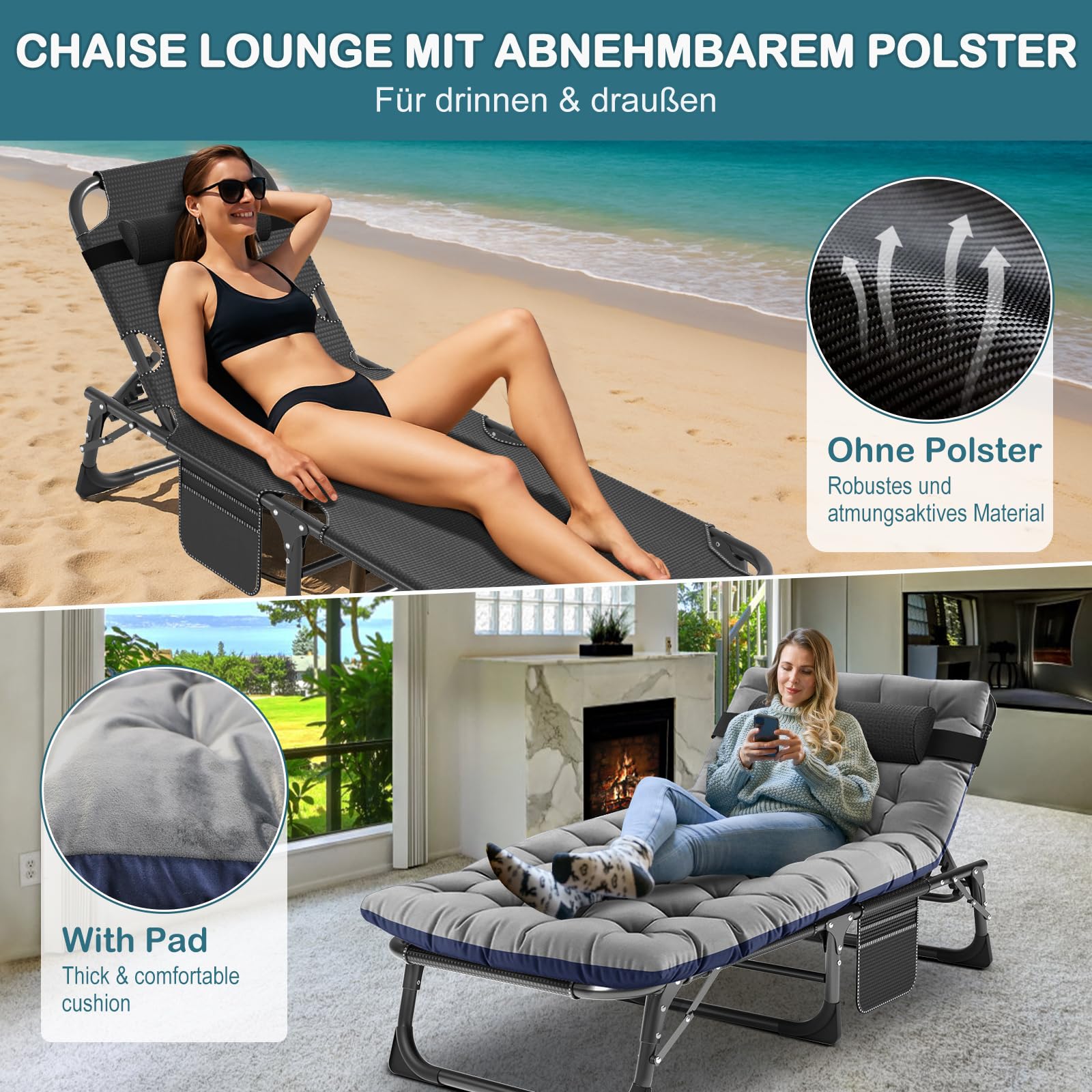 Sonnenliege Klappbett Campingbett Gästebett klappbar liegestuhl 200KG Lastlager Gartenliege Mit Matratze Seitentasche und Kopfstütze Feldbett für Outdoor Indoor Garten Camping (Grau-BK)