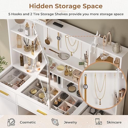 Miniatura 3 de AOGLLATI Tocador de maquillaje con luces, tocador con espejo y luces, juego de tocador grande de 45.2 pulgadas con estación de carga, mesa de