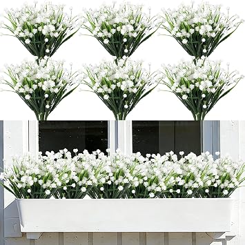 12 Bundles Artificial Flowers for Outdoors, White Outdoor Flowers UV Resistant 11.4 Artificial Plants, Weatherproof Faux Plants for Spring Summer Porch, Planters, Garden & Patio Decor