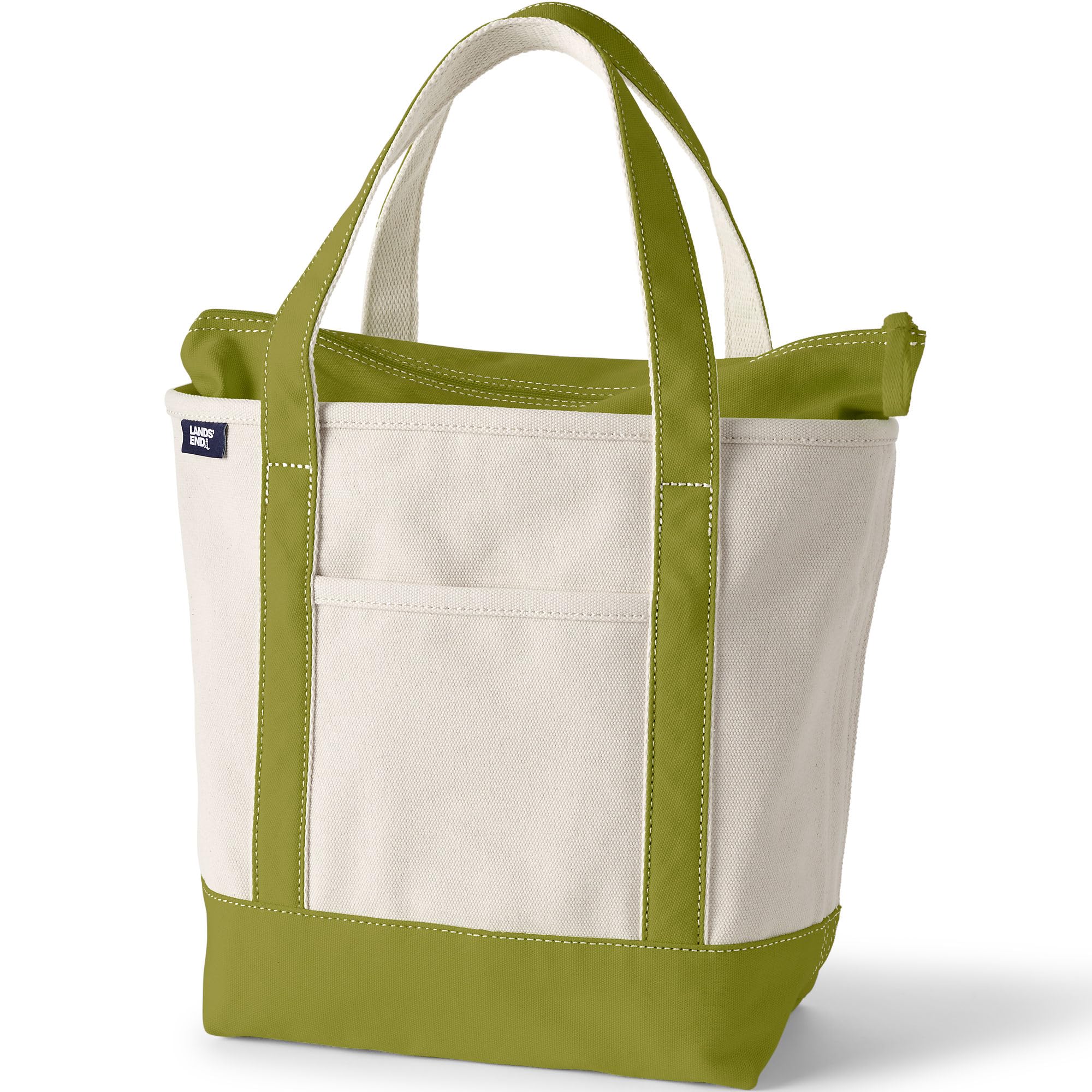 Lands' End Zip Top Canvas Tote Bag | 100% Cotton Canvas, Five Pockets, Key Strap, Water-Resistant Base, Stands Upright, Beach Bag, Travel Tote, Grocery Tote Natural/Vintage Lime Green Medium Regular Handle