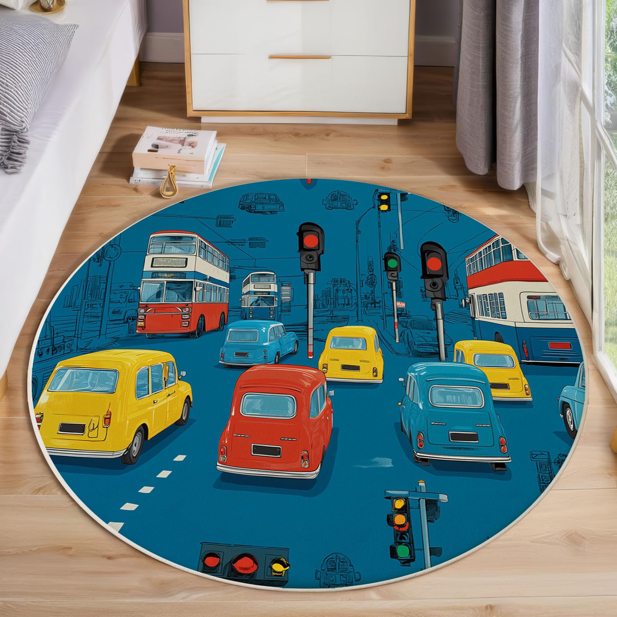 Tapis rond lavable en machine bleu foncé antidérapant de 160 cm pour salon et chambre