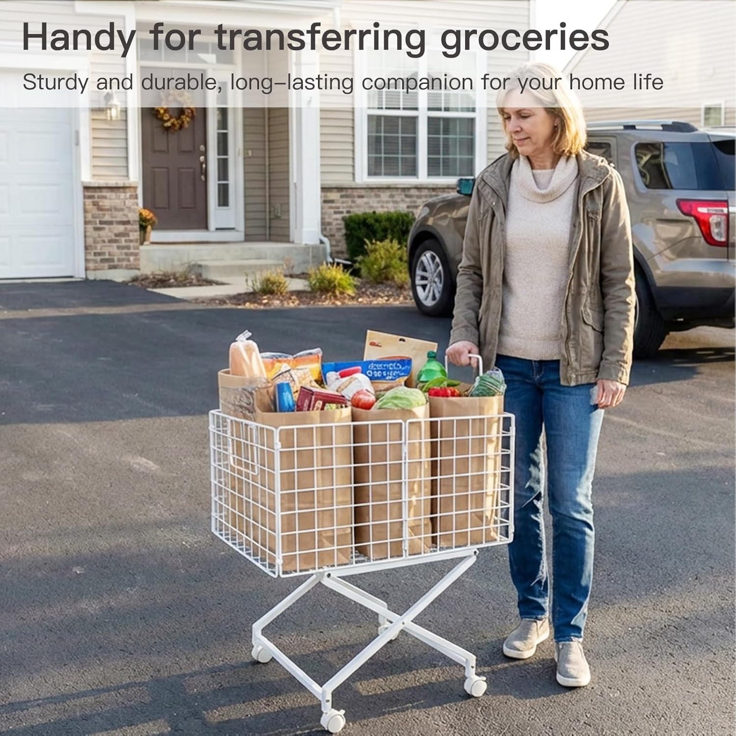 Rolling Laundry Basket with Wheels - 27" Elevated Wire Laundry Hamper, 80L Sturdy Metal Laundry Cart, 10-Min 8-Screw Assembly, Ergonomic No-Bending Mobile Clothes Bin for Laundry Room (White)