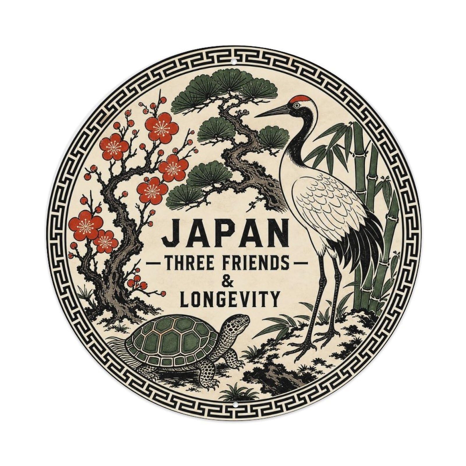 Olyhtr 8X8inch Classic Style Edo Japan Three Friends Crane Tortoise Ceramic Metal Tin Sign