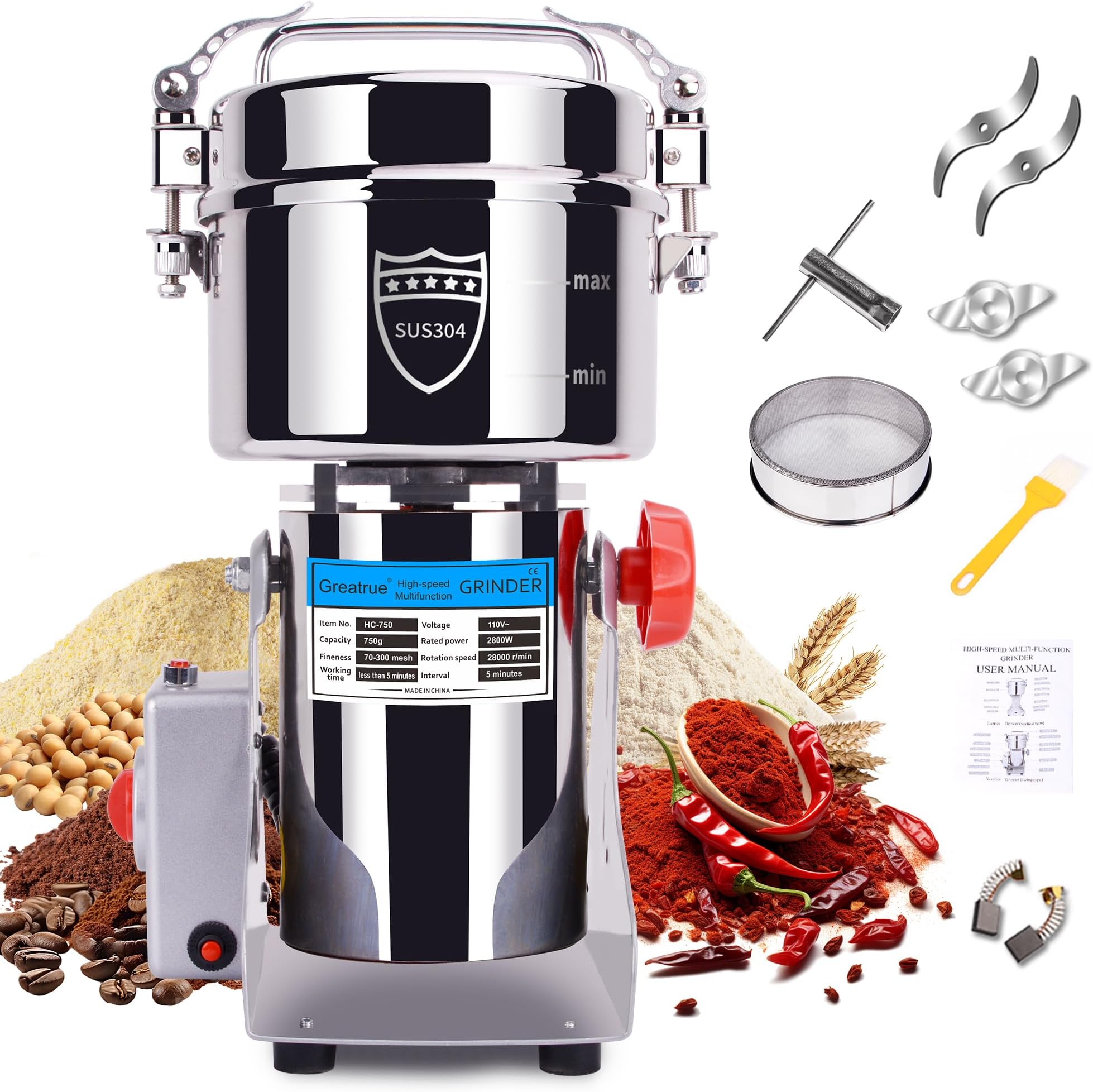 750g Electric Grain Mill Grinder, 304 Stainless Steel Flour Mill, 2800W High Speed Spice Grinder, Electric Grain Mill for Dry Wheat, Oats, Corn, Pepper and Coffee Beans