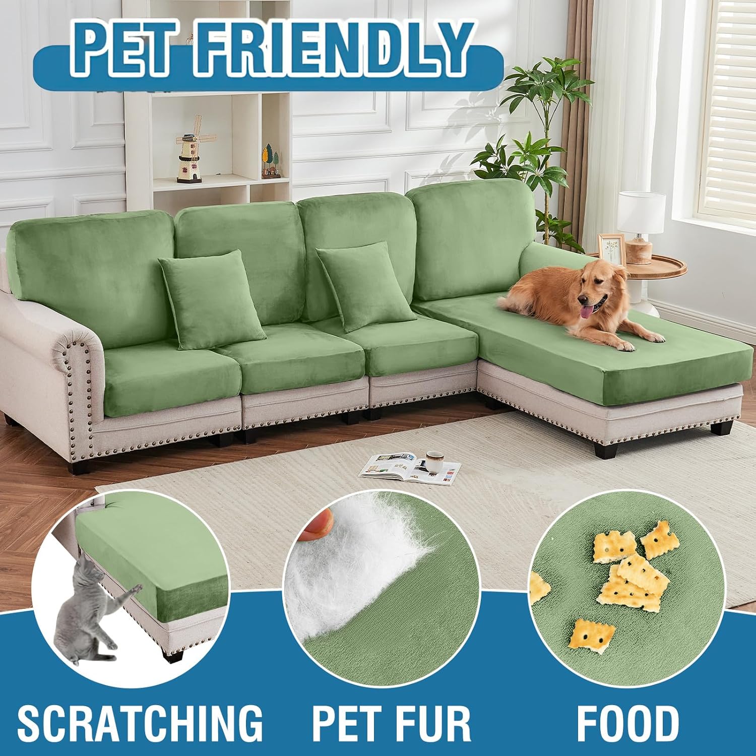 Couch Cover 8-Piece Elastic Velvet Couch Cushion Covers & Chaise Slipcovers for L-Shaped Sofas, Sofa Seat Covers Washable, Soft Cover for Couches (7 Seater + Chaise, Avocado Green)