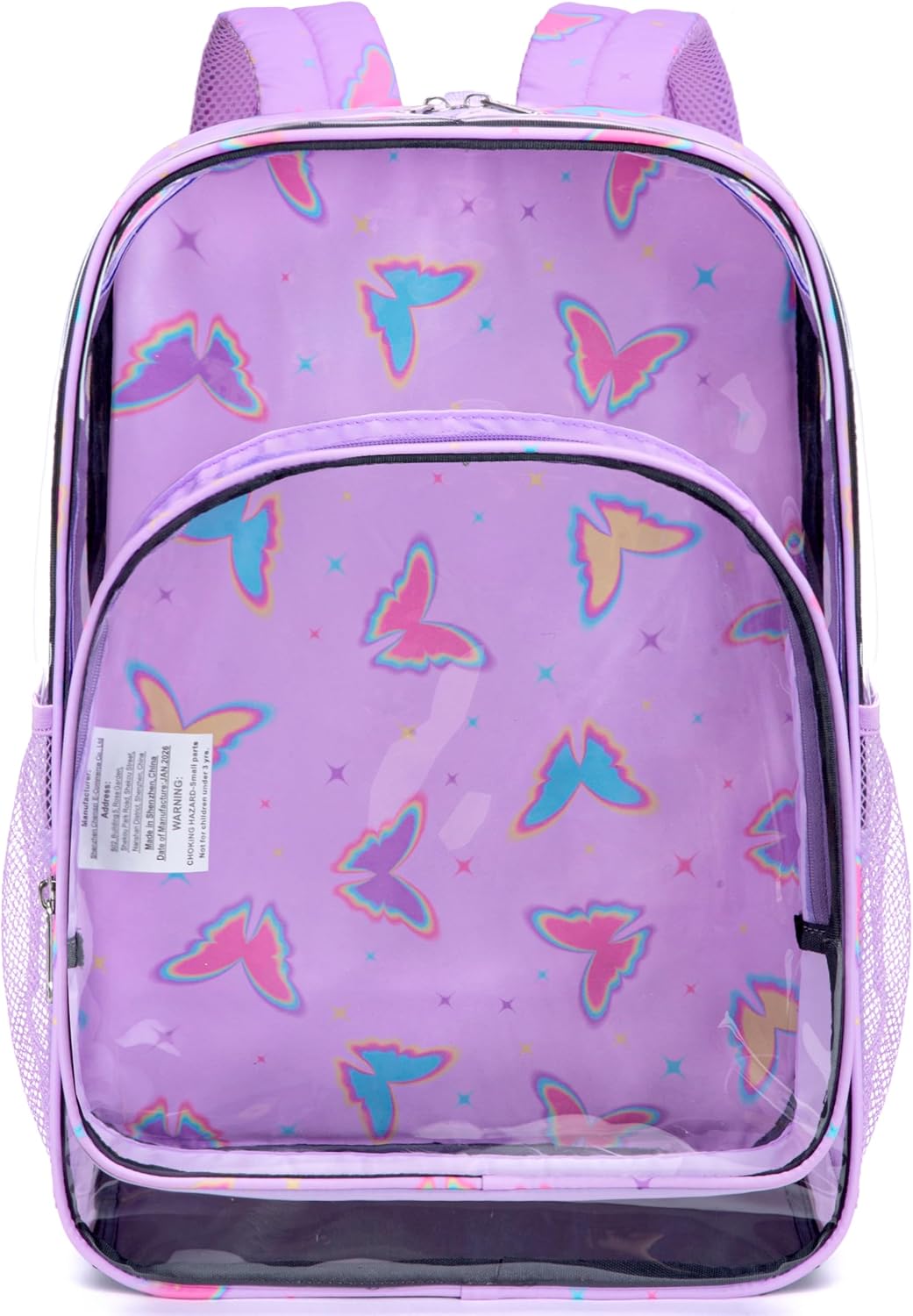 BLUEFAIRY Clear Backpack for Girls 17Inch School Book Bag Stadium Approved Heavy Duty PVC See Through Bag Large Transparent Bookbag for Kids Travel Work Events Mochilas Escolares para Niñas(Butterfly)