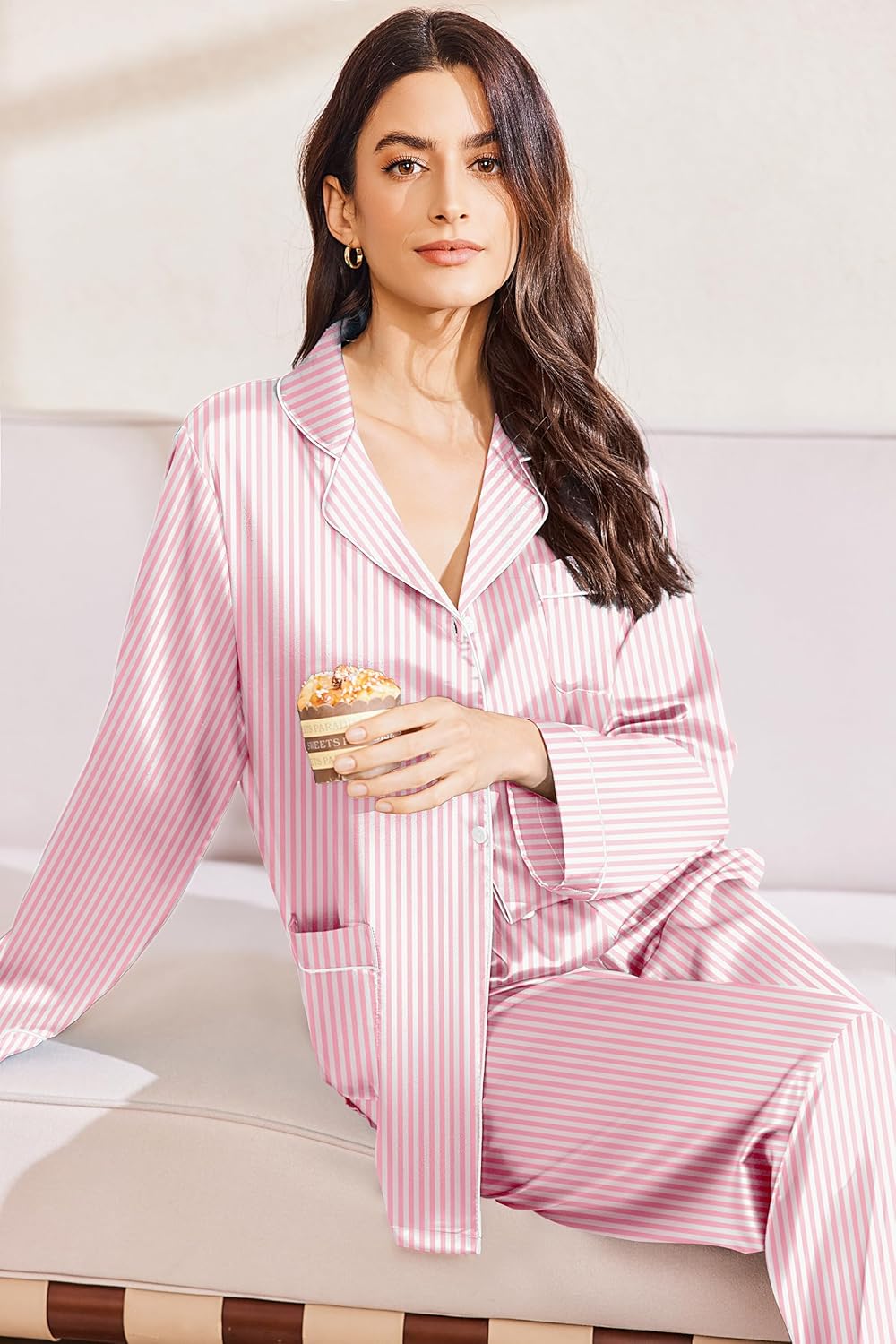 Ekouaer Silk Pajamas for Women Classic Button Down Satin Pajama Sets Long Sleeve Lounge Set - Image 7