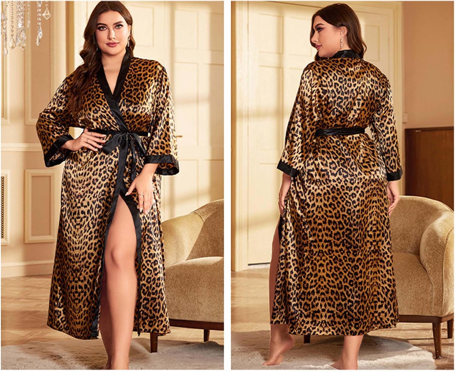 Women's Satin Kimono Robes Plus Size Leopard Print Robes Nightgown Bathrobe XL-5XL