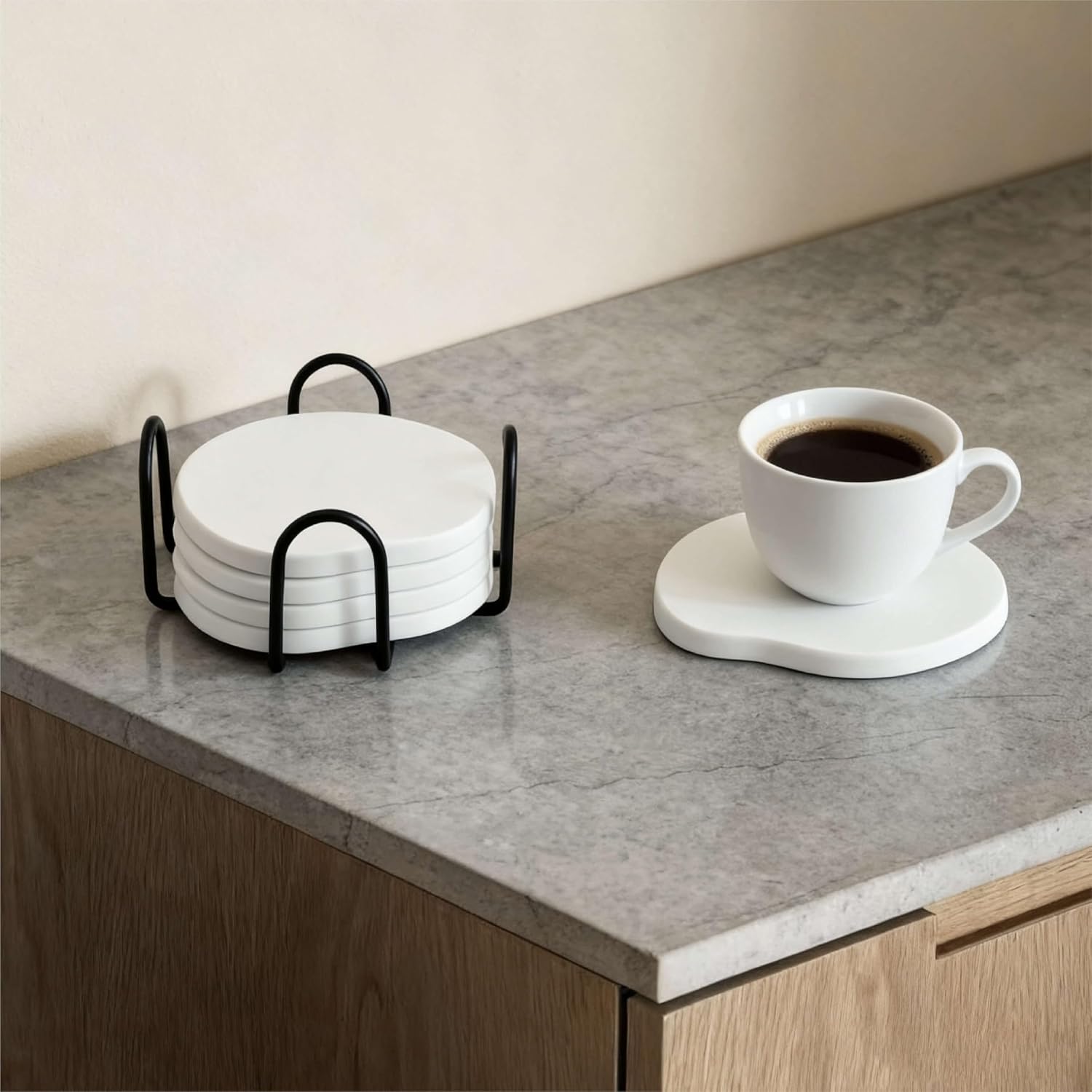 Diatomaceous Earth Drink Coasters Set of 6 with Metal Holder–4 Inch Absorbent Stone-Style Coasters for Drinks, Eco-Friendly (White) image 2