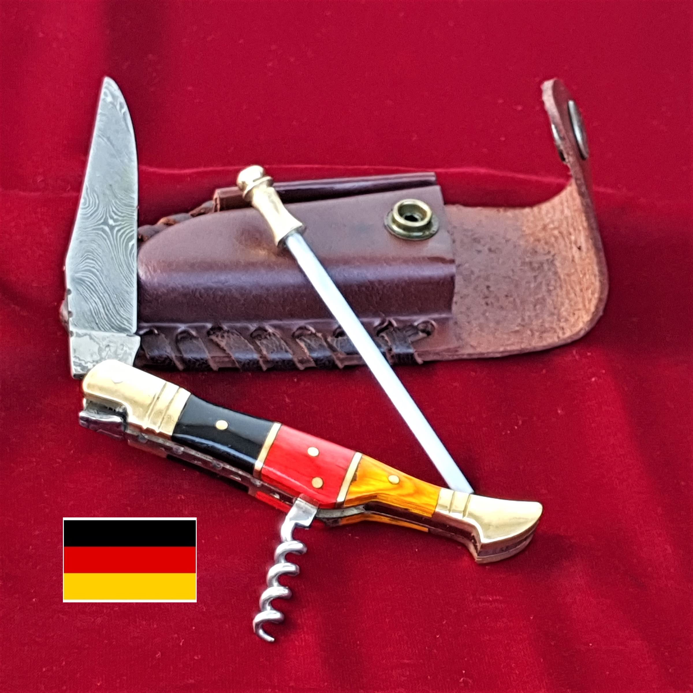 Damast Stahl Taschenmesser | Klappmesser Laguiole | Deutsche Flagge, Holz und Messing Griff mit Korkenzieher | Handgefertigt Outdoor Damastmesser Camping Messer | FK26