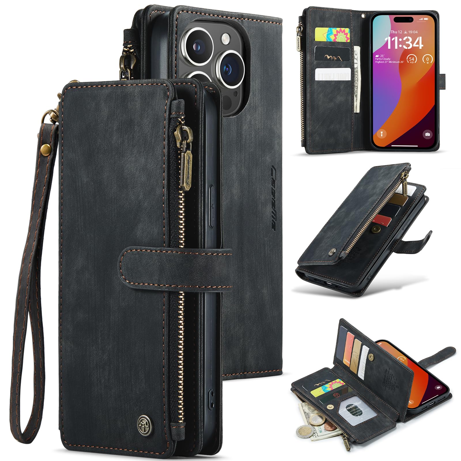 GUVAGI Leder-Klapphülle Für IPhone 16 Pro Max Mit Band & 4 Kartenfächern – Reißverschluss, Magnetverschluss, Schwarz