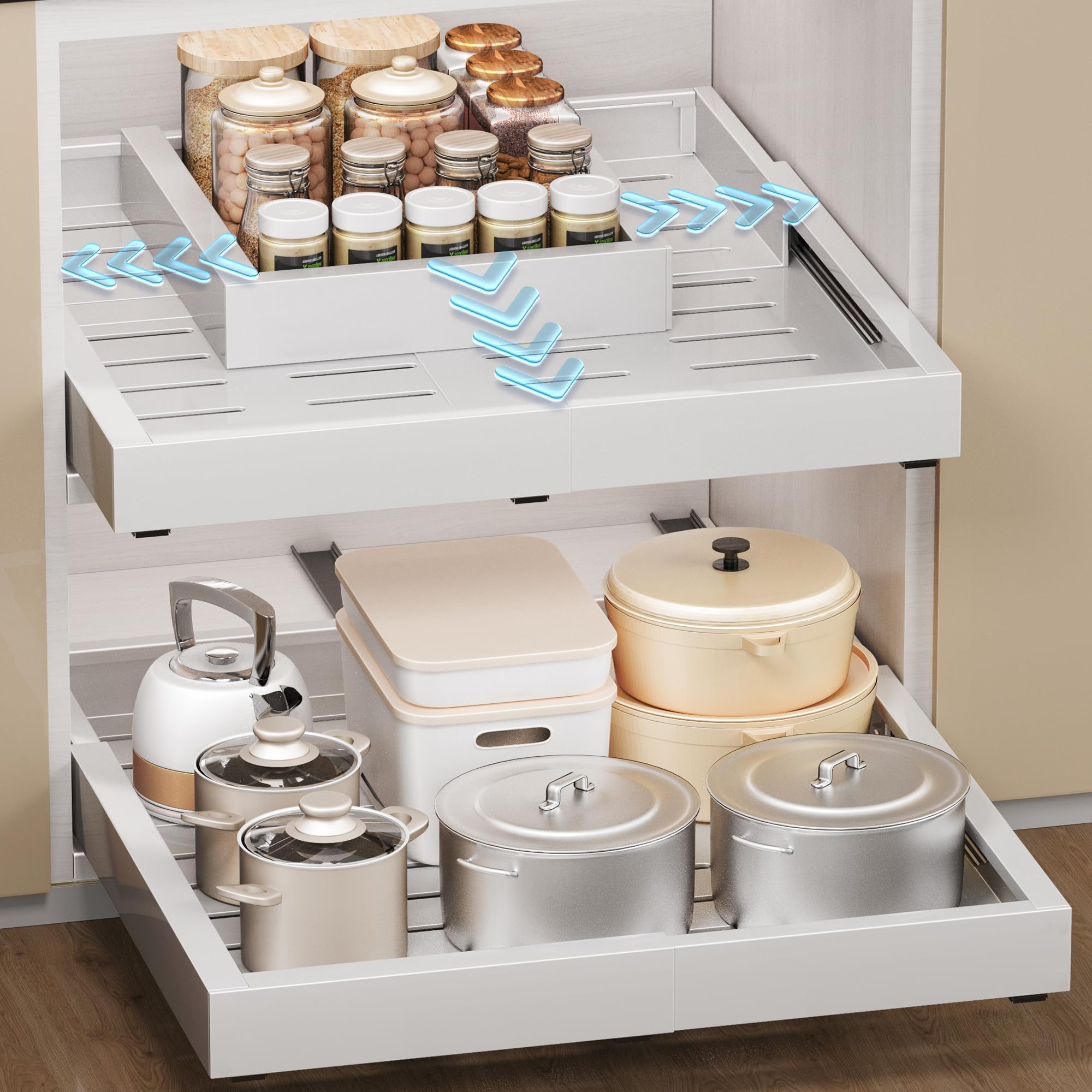 YheenLf 1 x Telescopic Drawer, Kitchen Drawer Organiser, No Drilling, with Non-Slip Mat, for Base Cabinet, Bathroom, 39.5 x 23.5 x 19.5 cm
