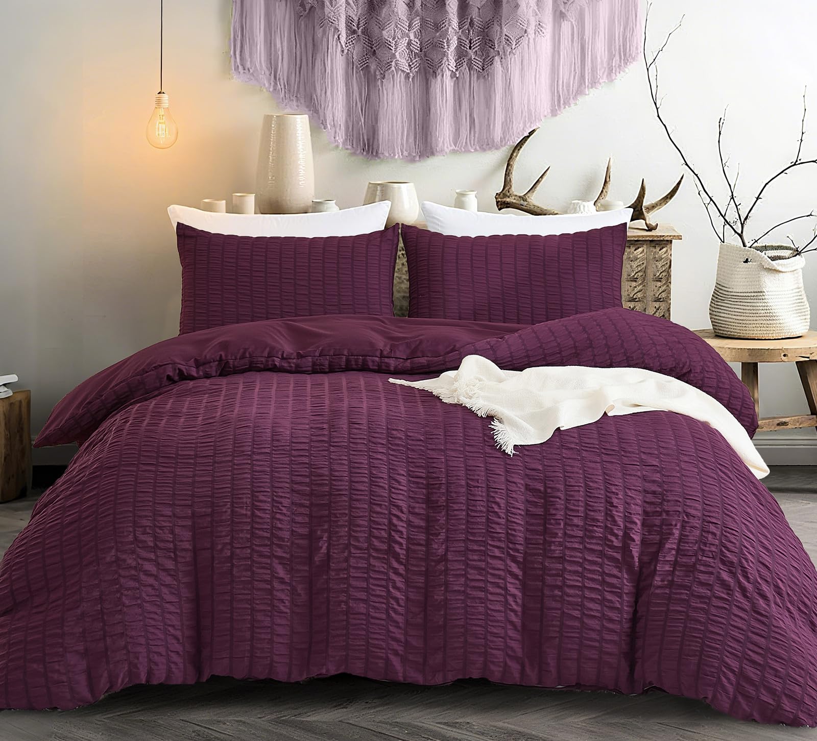 Purple Double Size Bedding Set Classic Seersucker Duvet Cover Set Puckering Pinch Pleat Duvet Cover Set,with 2 Pillowcases and Zipper Closure,200x200 cm