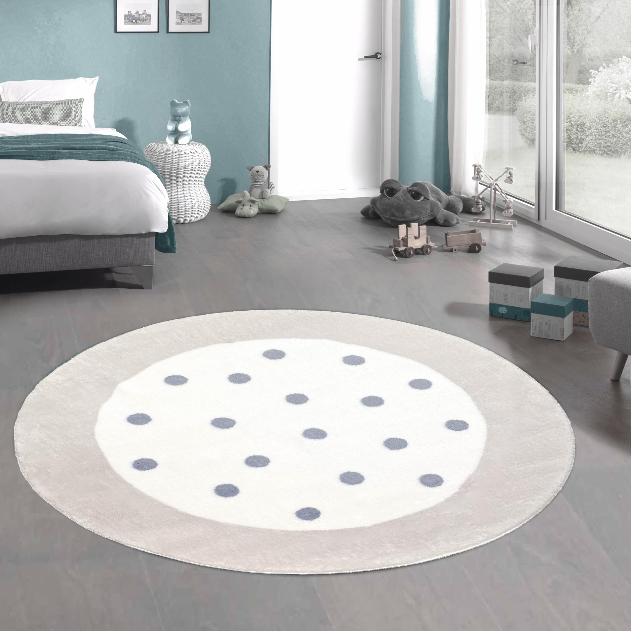 CARPETIA Alfombra Infantil Suave en Borde Redondo Crema-Gris Lunares 120 cm Redondo