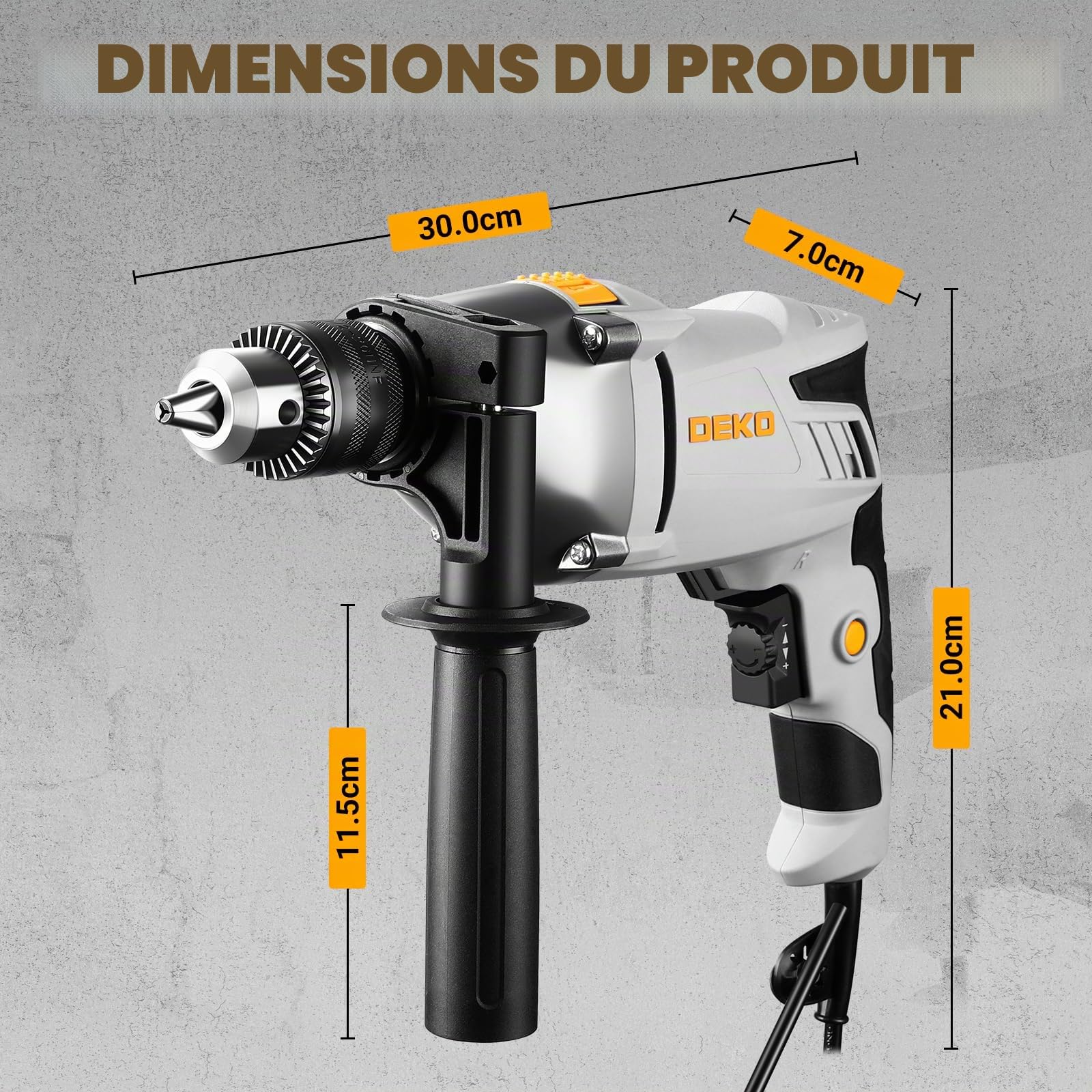 DEKOPRO Perceuse à Percussion Filaire 950W, Perceuse 2-en-1 6 Vitesses, 2800 RPM, 48,000 BPM, Mandrin Métallique 13mm, 12 Mèches (Diamètre de Perçage Dans l'Acier/le Bois/la Maçonnerie : 13/30/12 mm)