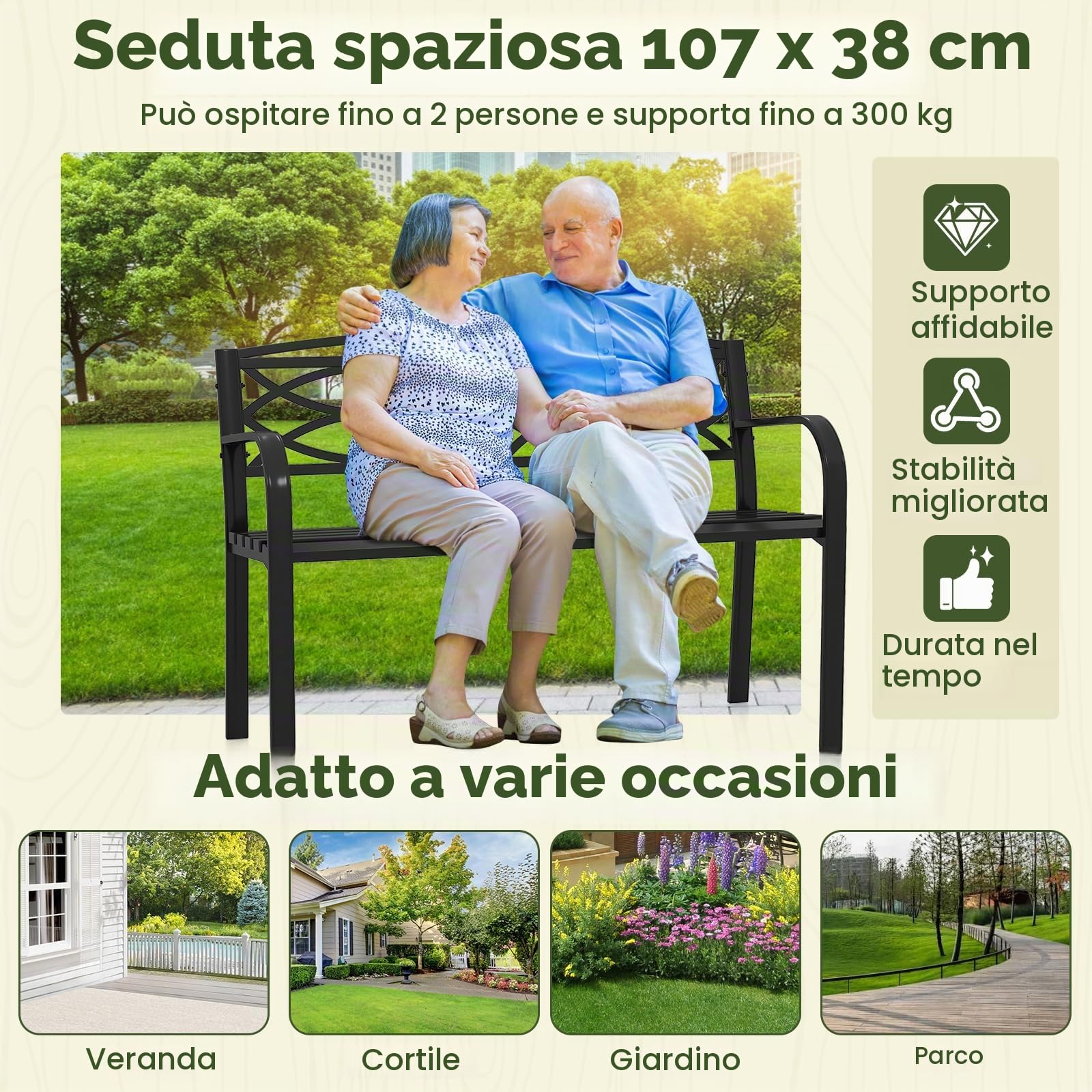 KOMFOTTEU Panca da Esterno in Metallo, Panchina da Giardino 2 Posti con Braccioli, Schienale Ergonomico e Seduta a Doghe, Resistente agli Agenti Atmosferici, Panca da Terrazza, Parco, Cortile, Nero