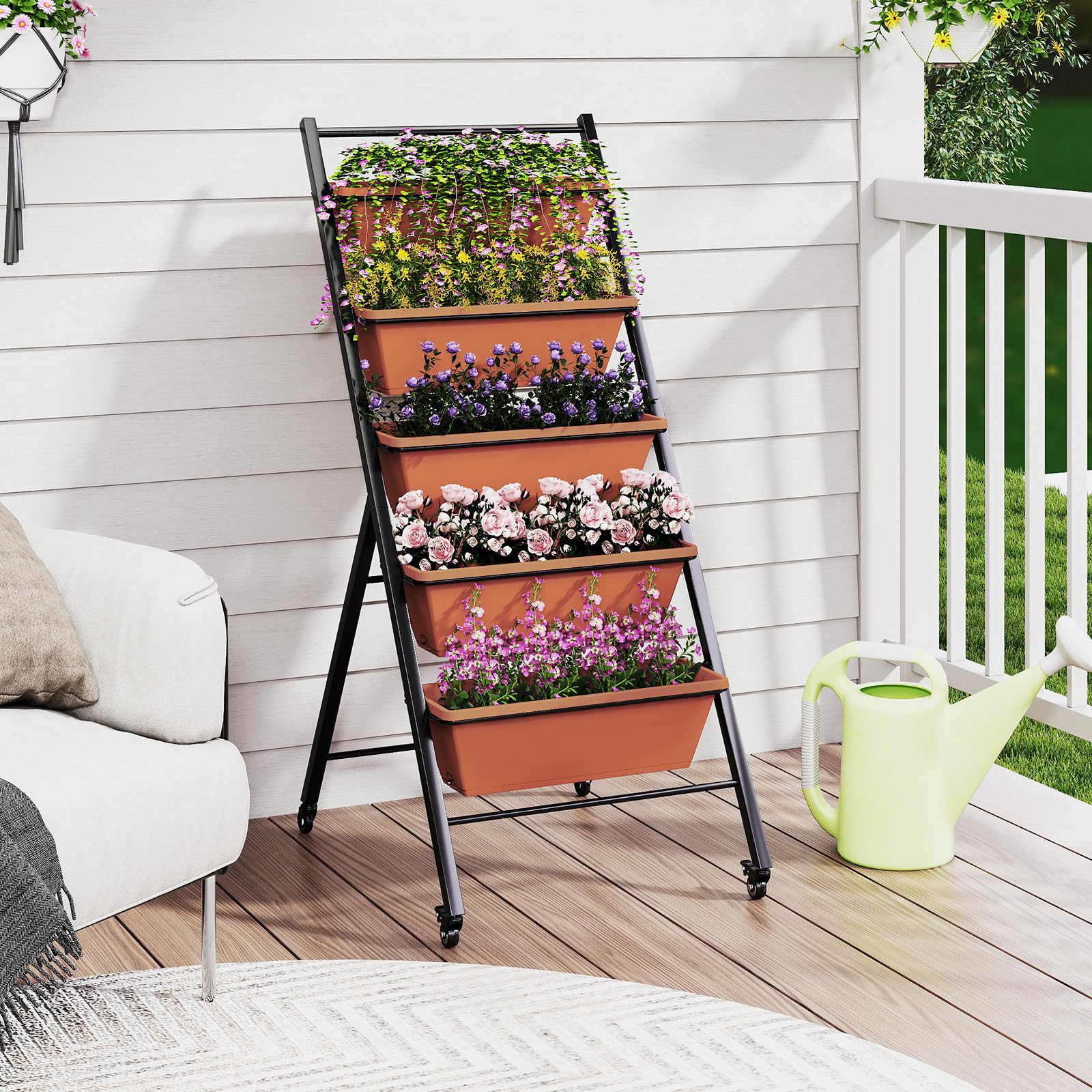HOMASIS Jardinera de Balcón de 5 Estantes con 4 Ruedas, Estante para Plantas con 2 Ruedas con Freno, Carro para Plantas, Flores, Verde, Jardín, Balcón, Jardinera de Patio (Marrón, 57 x 74 x 132 cm)