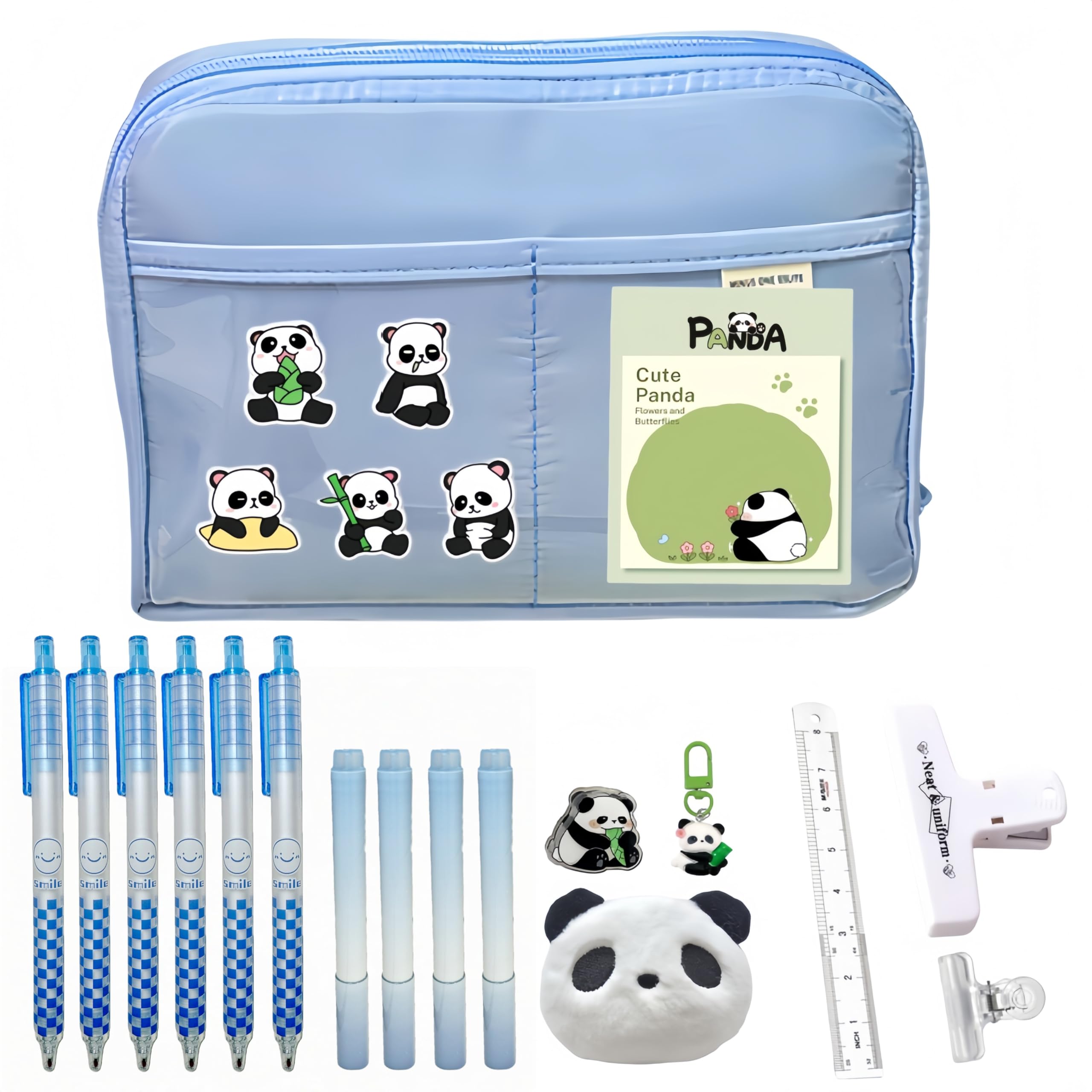 Kawaii Aesthetic Pencil Case 23PCS Set - Large Capacity Cute Pen Pouch Bag, Contains 10 Kinds of Accessories: 6 Pens, 4 Highlighters, Clips, Ruler and Cute Panda Brooches, Stickers, Pendants (Blue)