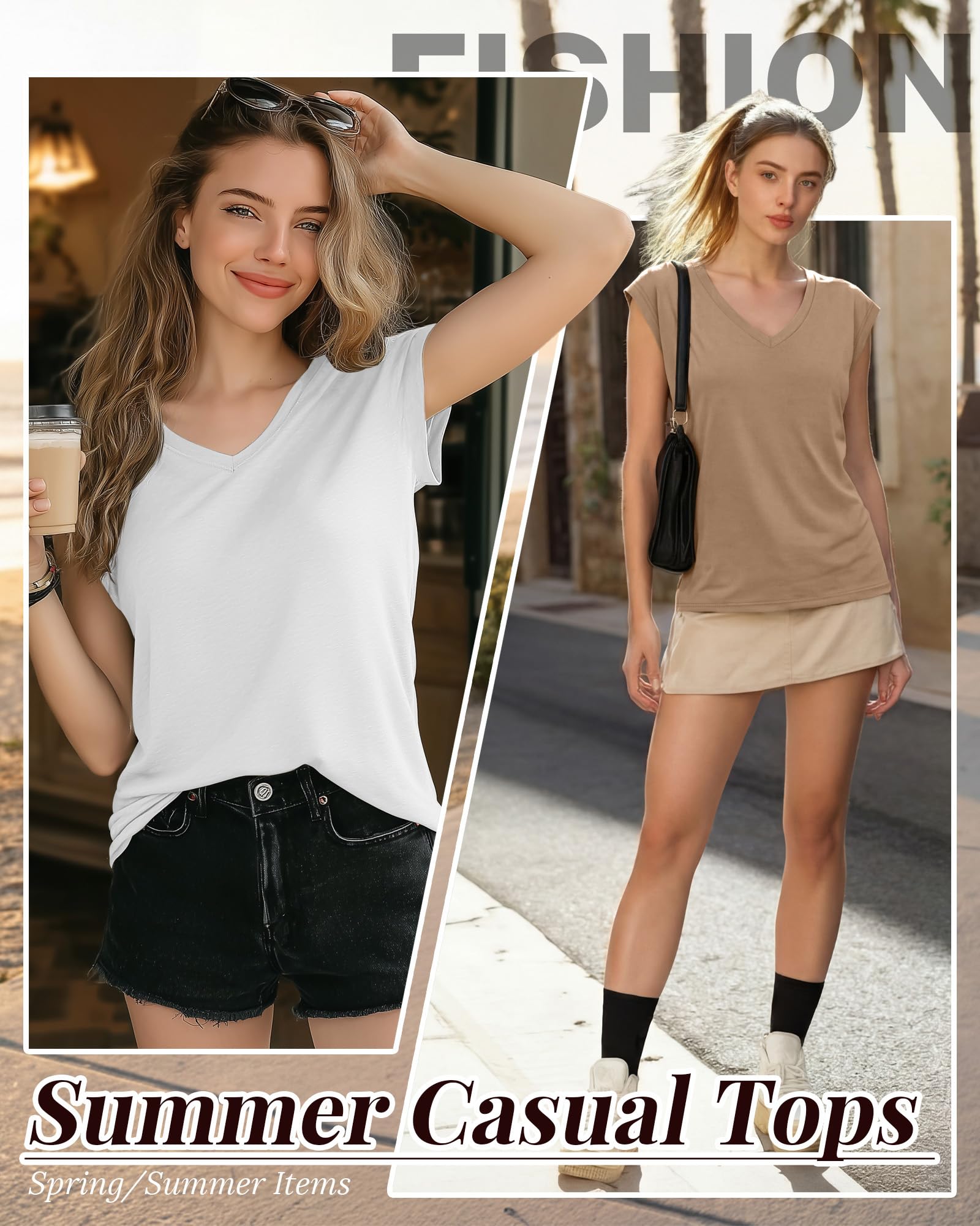 Geyoga Lot de 3 T-Shirts Basiques pour Femme – Col en V, Manches Courtes ou Mancherons – Hauts d'été décontractés