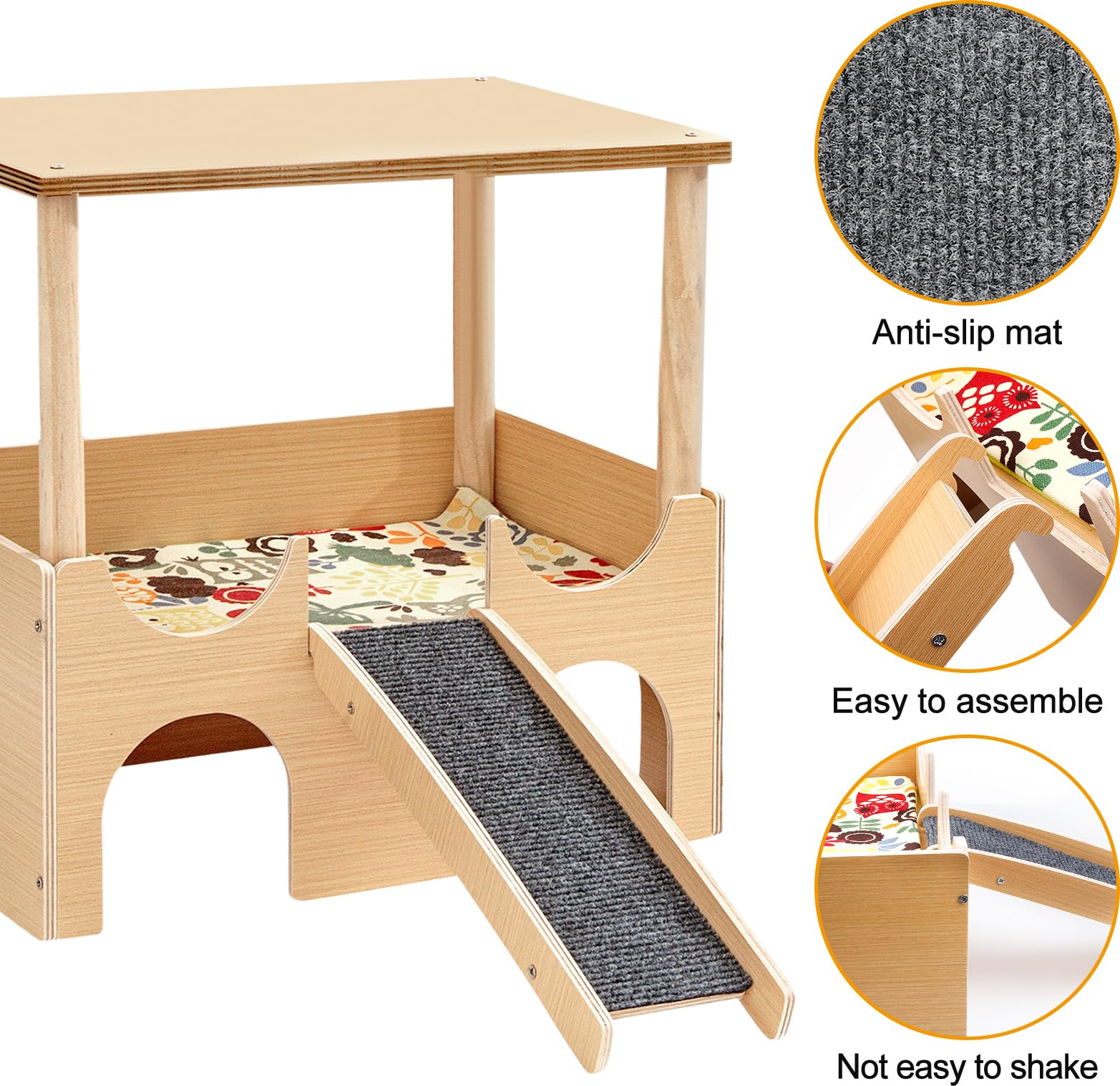 Cachette pour cochon d'Inde à plusieurs étages - Lit en bois avec escalier et tapis - Maison en bois pour hamster - Maison amovible à plusieurs chambres - Pour lapin, chinchilla Habitat (jaune)