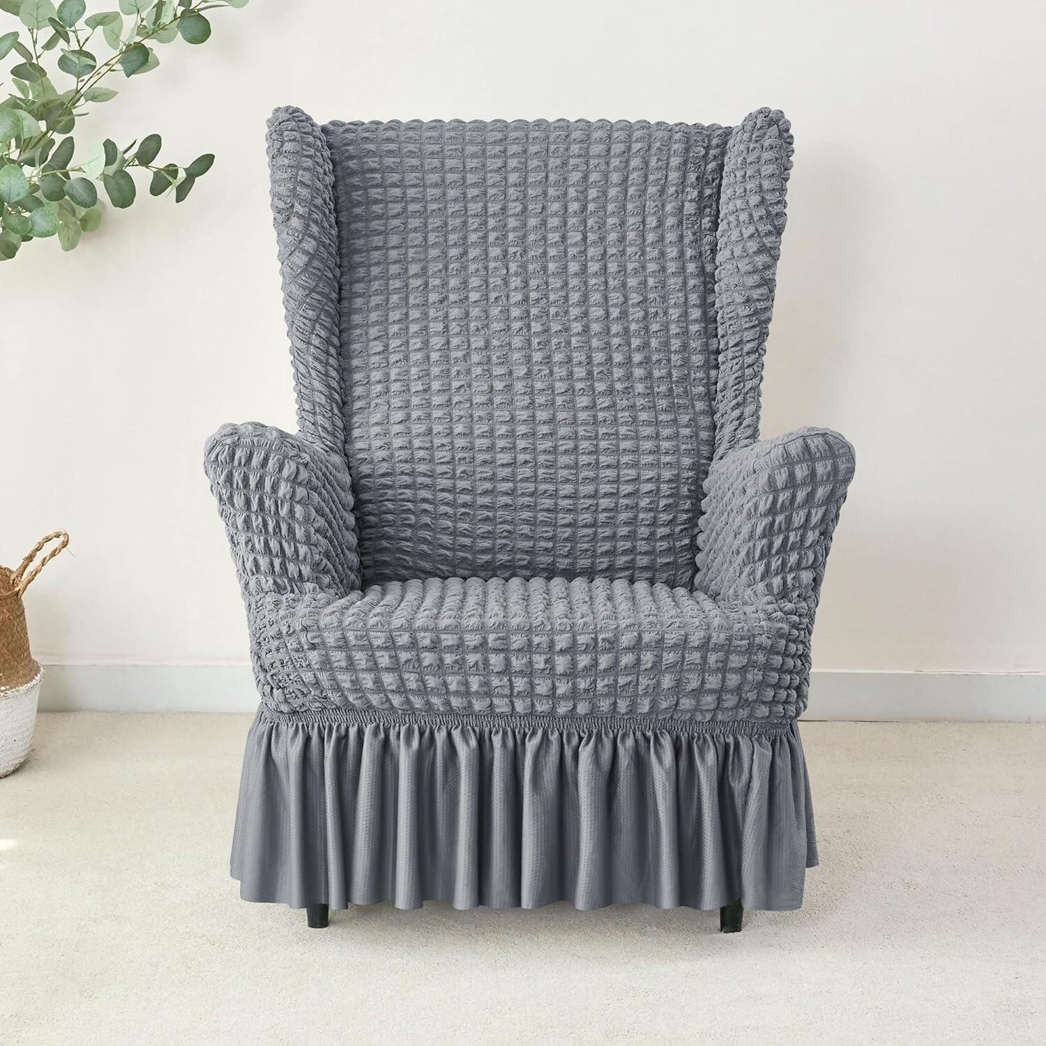 PBTMCD Seersucker Wingback Chair Slipcover Set With Ottoman Cover, Stretch High Back Bubble Wing Armchair Covers With Skirt(25#)