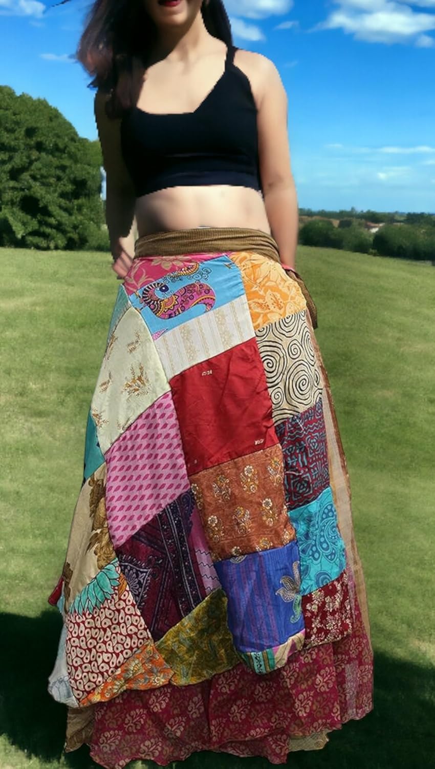 Sari Silk Vintage Patchwork Wraparound Long Skirt - Embrace Timeless Elegance with This Stunning Ethnic Fashion Piece, Perfect for Any Occasion or Casual Outing! Multi - Image 6