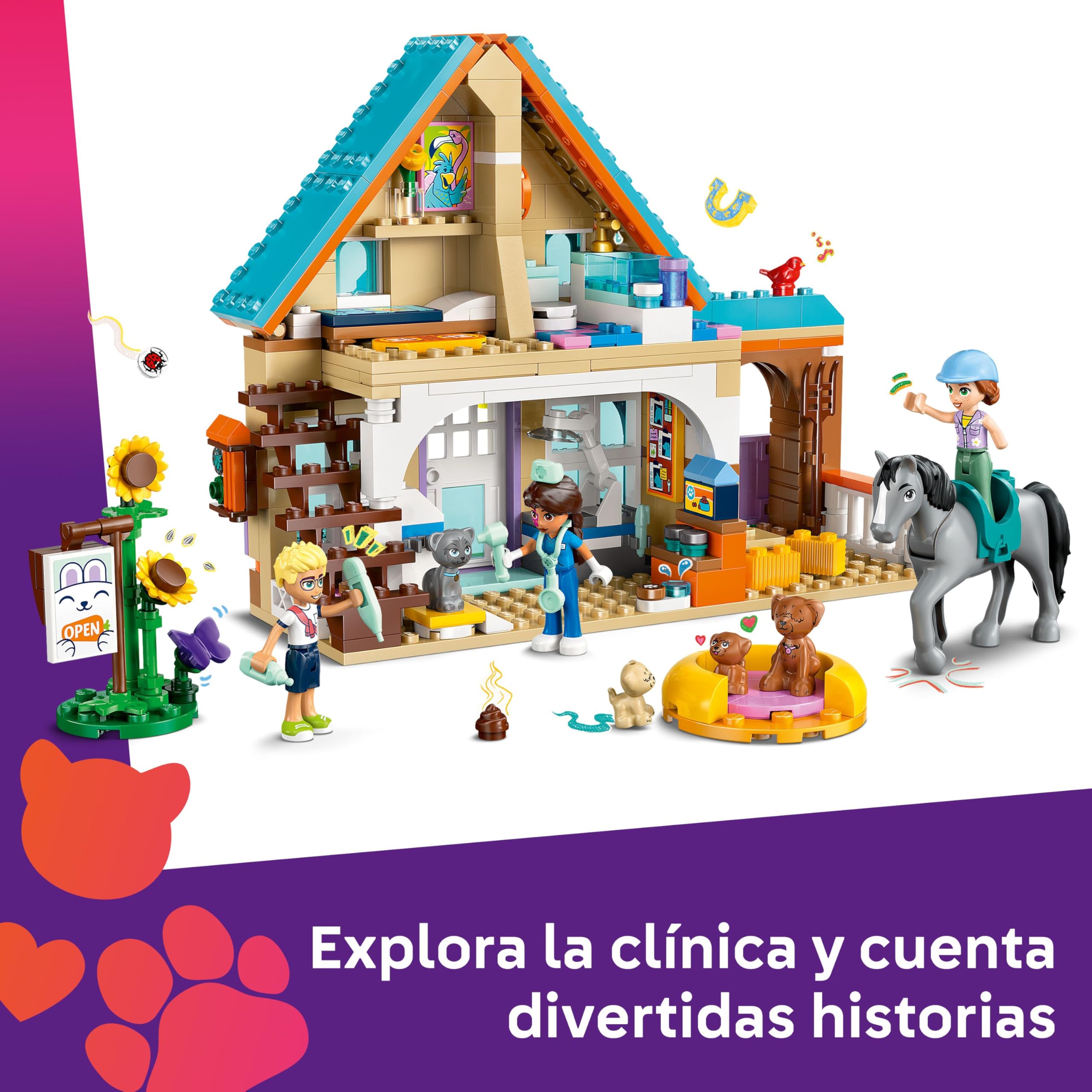 LEGO Friends Caballo y Clínica Veterinaria de Mascotas - Figuras de Animales Inc. Gato y Perro de Juguete, 3 Mini Muñecos, Establo de Caballos y Accesorios - Regalo para Niñas de 6+ Años 42651