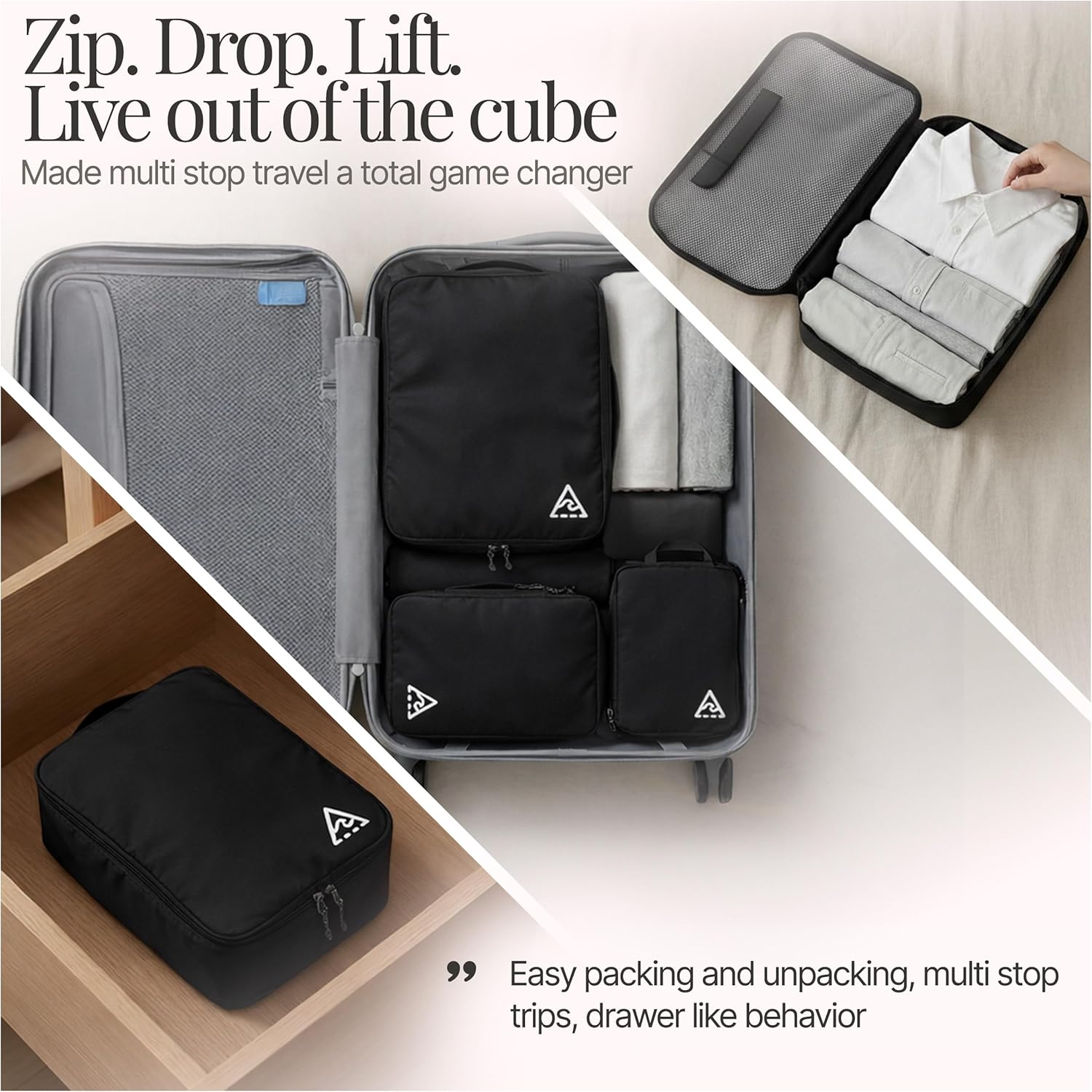 Well Traveled 4 pcs Compression Packing Bags Cubes Set with HybridMax Double-Capacity Design - Packing Cubes for Travel Compression to Maximize Limited Luggage Space, Black