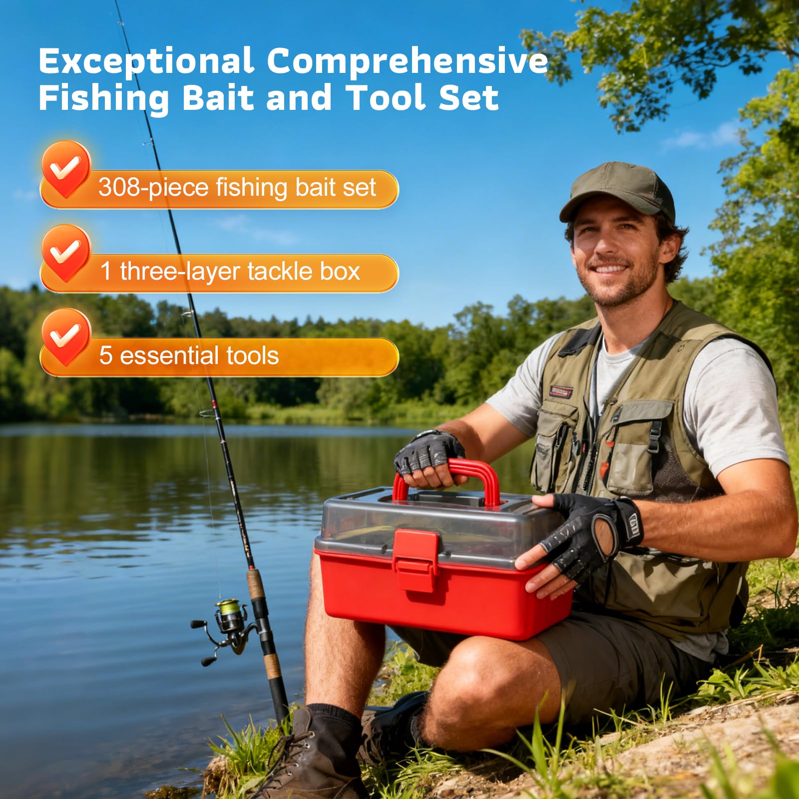 Juego de señuelos de pesca, 314 unidades, accesorios de pesca y accesorios de pesca con clips para labios, anzuelos, pesos de pesca, maletín de 3 estantes con accesorios, equipo de pesca adecuado para
