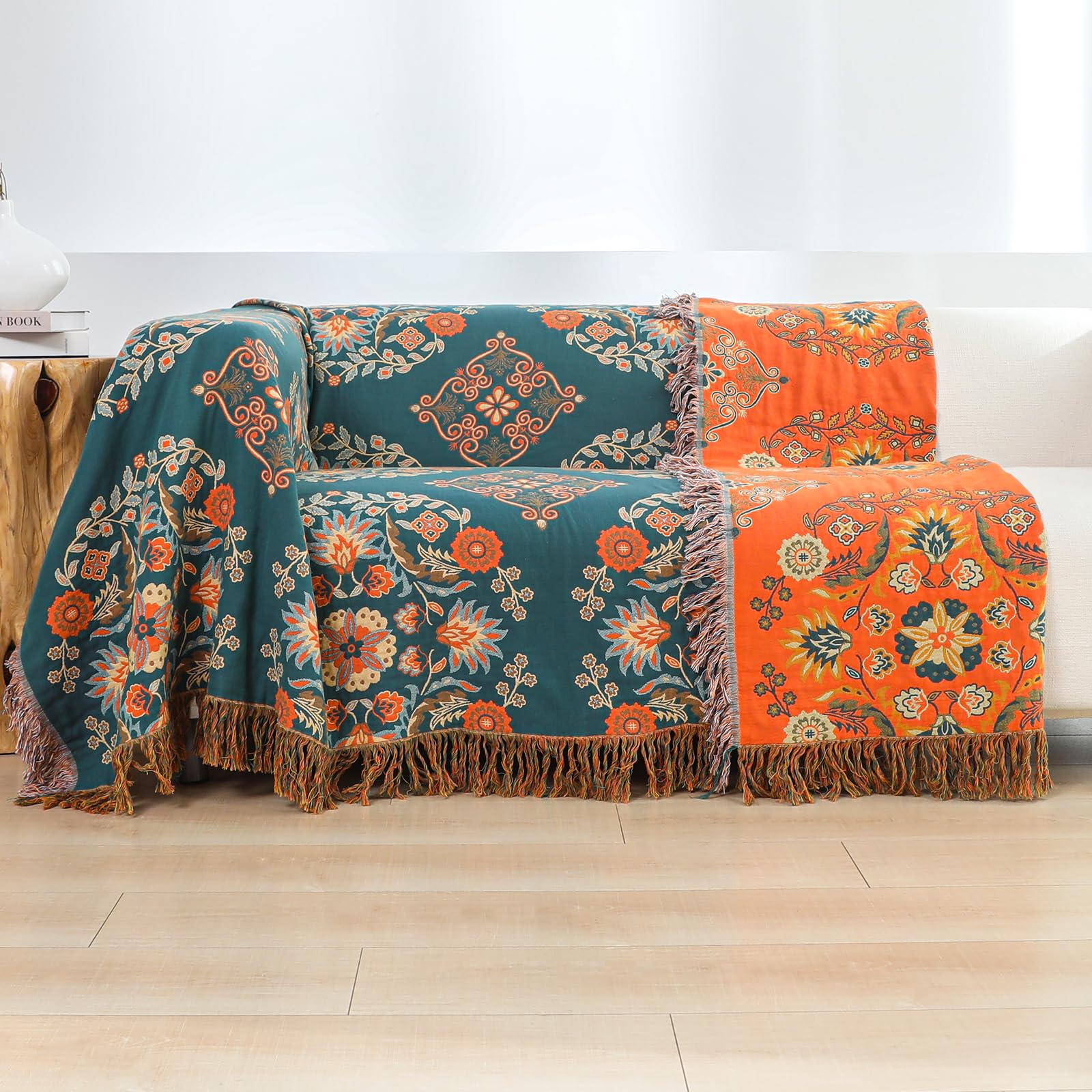 HOORDRY Colcha de algodón, manta para sofá con estampado, 150 x 200 cm, de doble cara, estilo bohemio, reversible, para ver la televisión o en la silla, cama individual