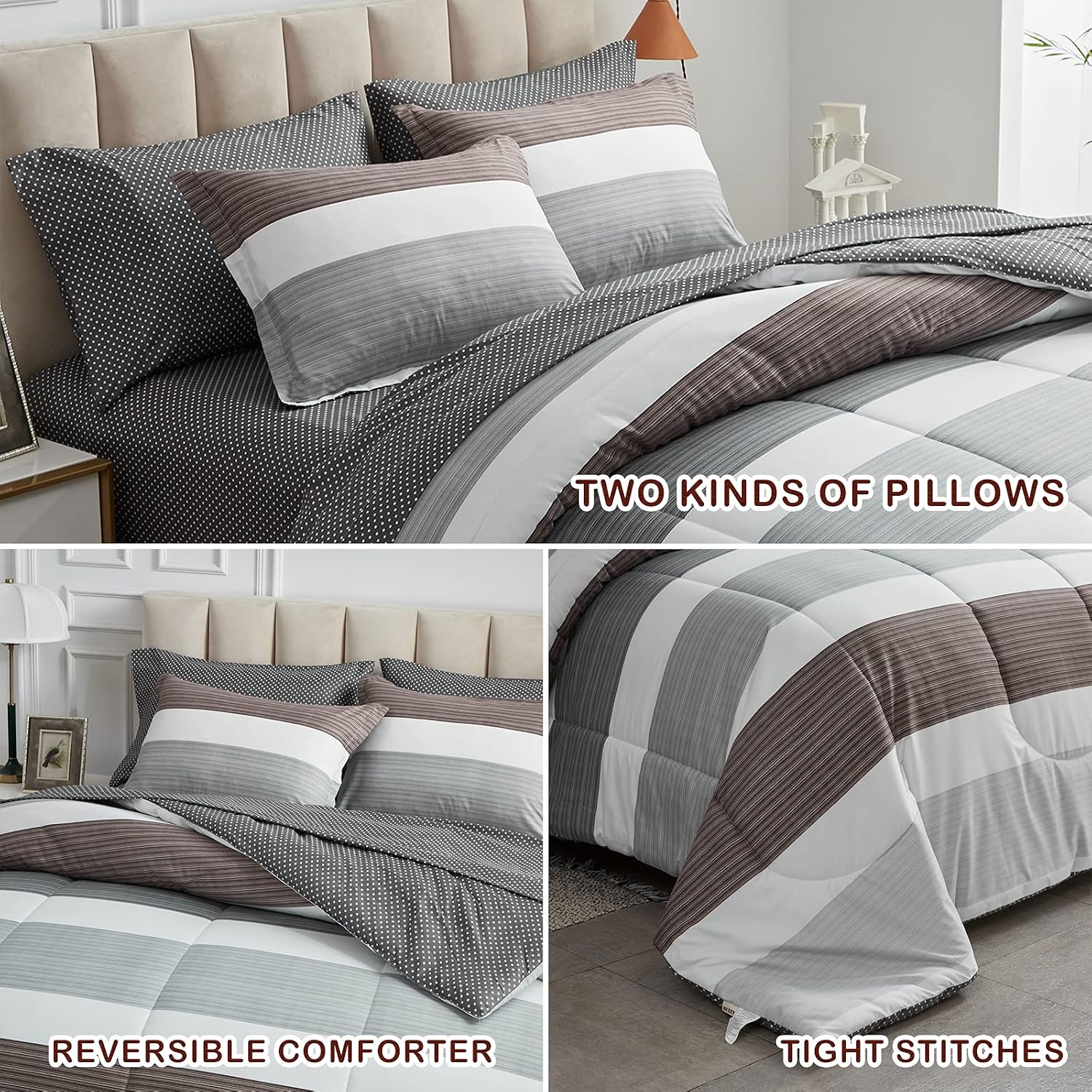Joyreap 6 Piece Bed in a Bag Twin, Light Gray n Brown Stripes Design, Smooth Soft Microfiber Comforter Set for All Season (1 Comforter, 2 Pillow Shams, 1 Flat Sheet, 1 Fitted Sheet,1 Pillowcase)