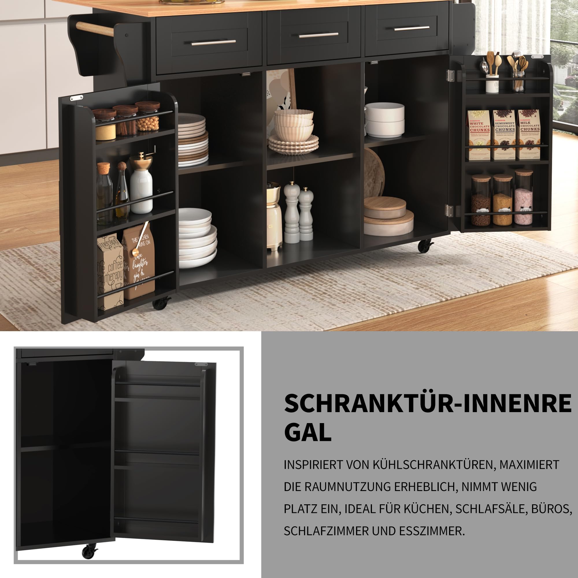 Kücheninsel mit abklappbarer Arbeitsplatte, bewegliche Kücheninsel Servierwagen auf Rollen mit 3 Schubladen/2 Schließfach/auswechselbare Massivholzfüße, 139x46(71) x91,5 cm