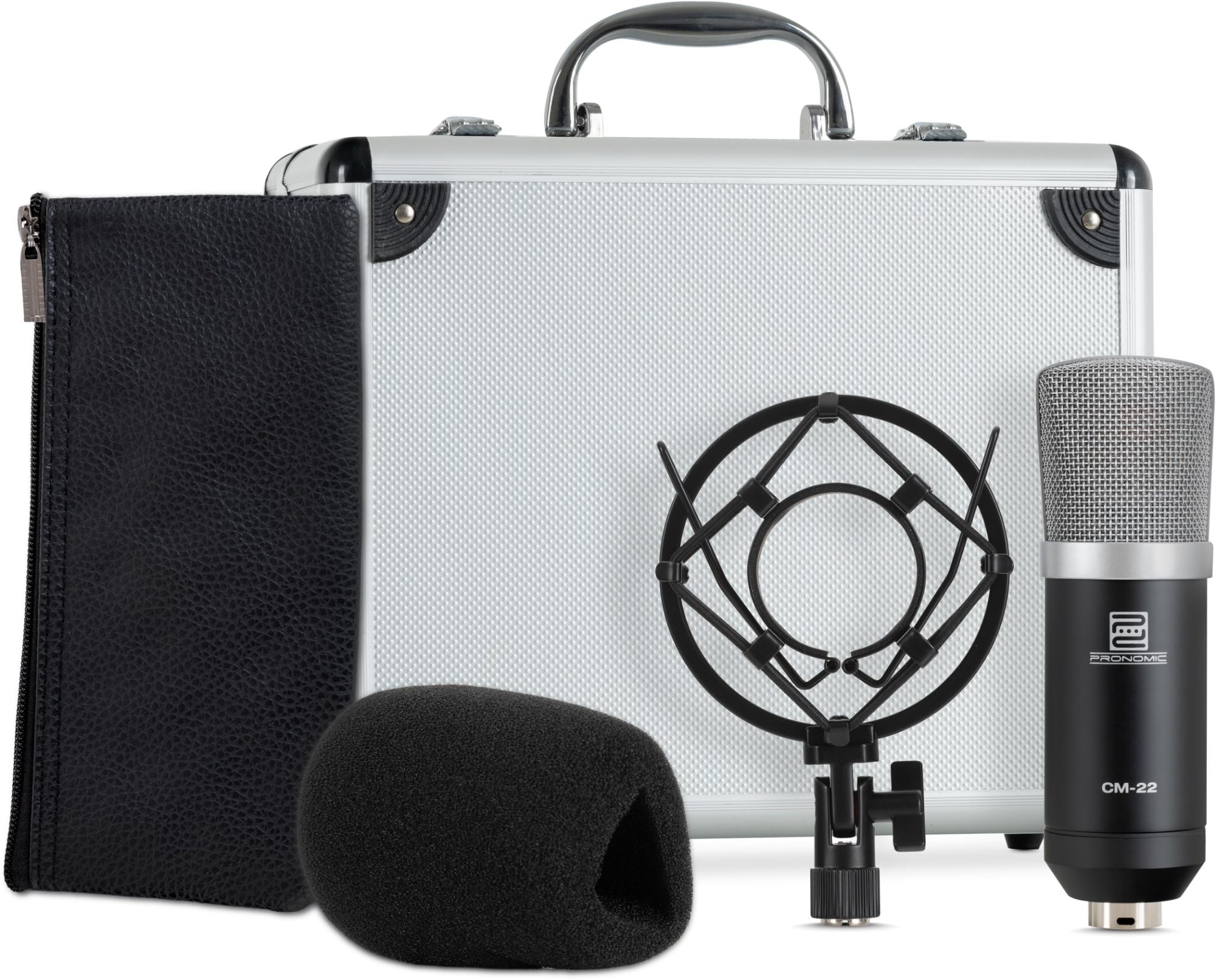 Pronomic CM-22 Studio Großmembranmikrofon XLR-Kondensatormikrofon (mit Mikrofonspinne, Etui, Windschutz, Reduziergewinde und Transportkoffer) schwarz